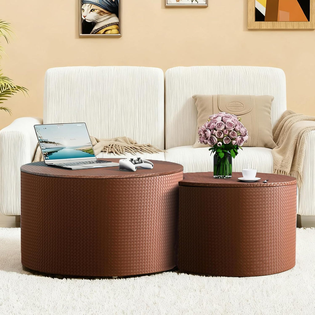 Round Nesting Coffee Table Set of 2 with Storage Modern Wood Coffee Table MDF Frame and Leather Surface Center Table End Side Table for Living Room Bedroom Office, No Assembling (Brown)