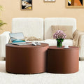 Round Nesting Coffee Table Set of 2 with Storage Modern Wood Coffee Table MDF Frame and Leather Surface Center Table End Side Table for Living Room Bedroom Office, No Assembling (Brown)