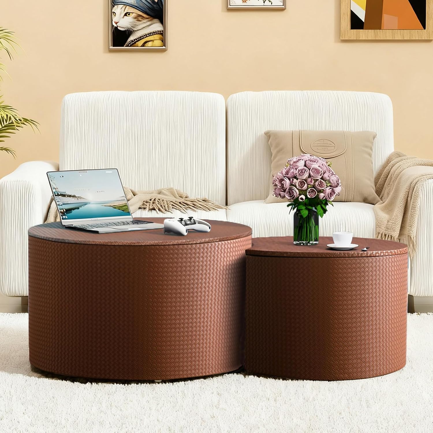 Round Nesting Coffee Table Set of 2 with Storage Modern Wood Coffee Table MDF Frame and Leather Surface Center Table End Side Table for Living Room Bedroom Office, No Assembling (Brown)