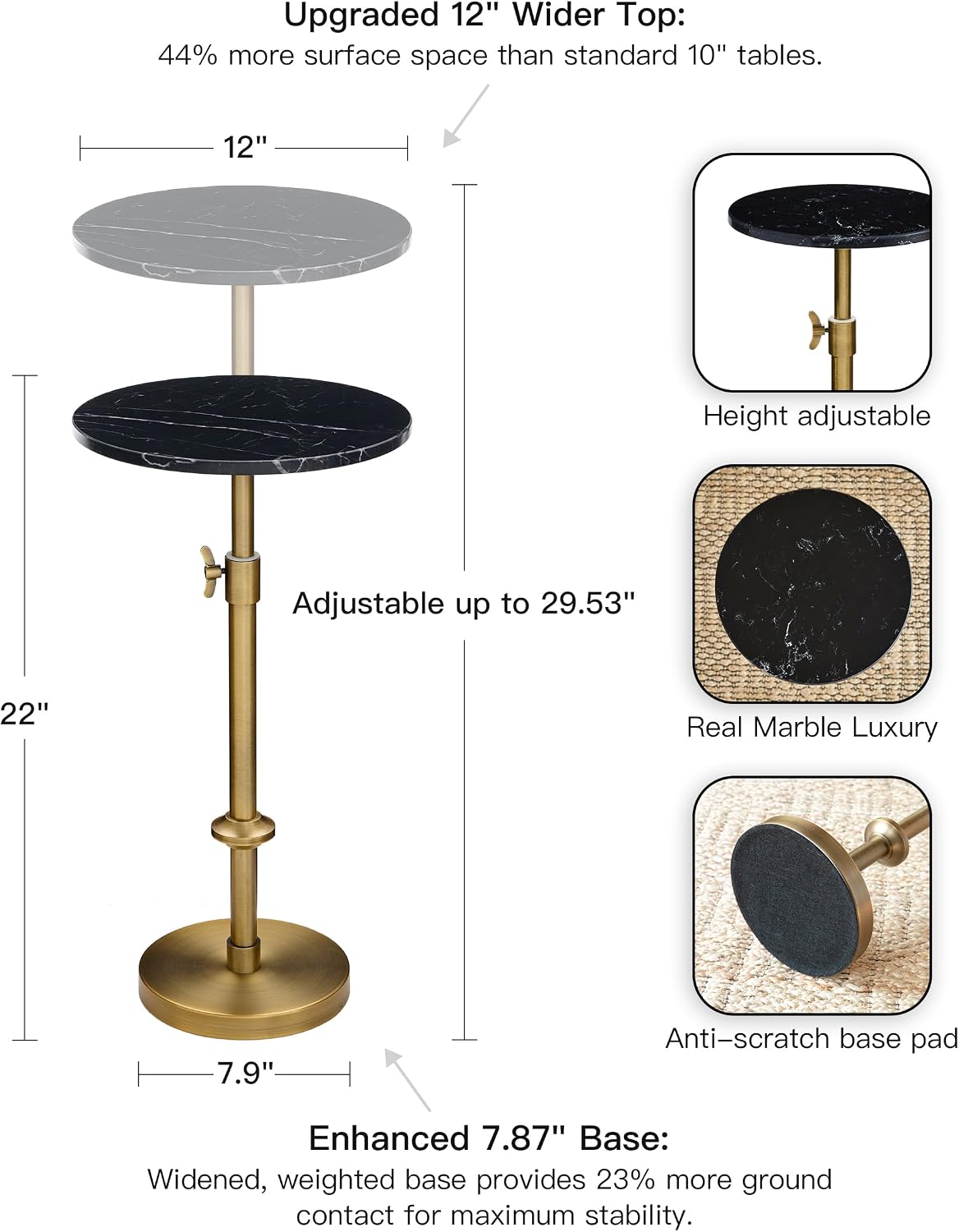 Adjustable-Height Marble Drink Table - 12x12x22-30, Black Marble & Antique Brass, Modern Round End Table, Side Table with Pedestal Stand for Small Spaces, Vintage Metal Martini Cocktail Accent