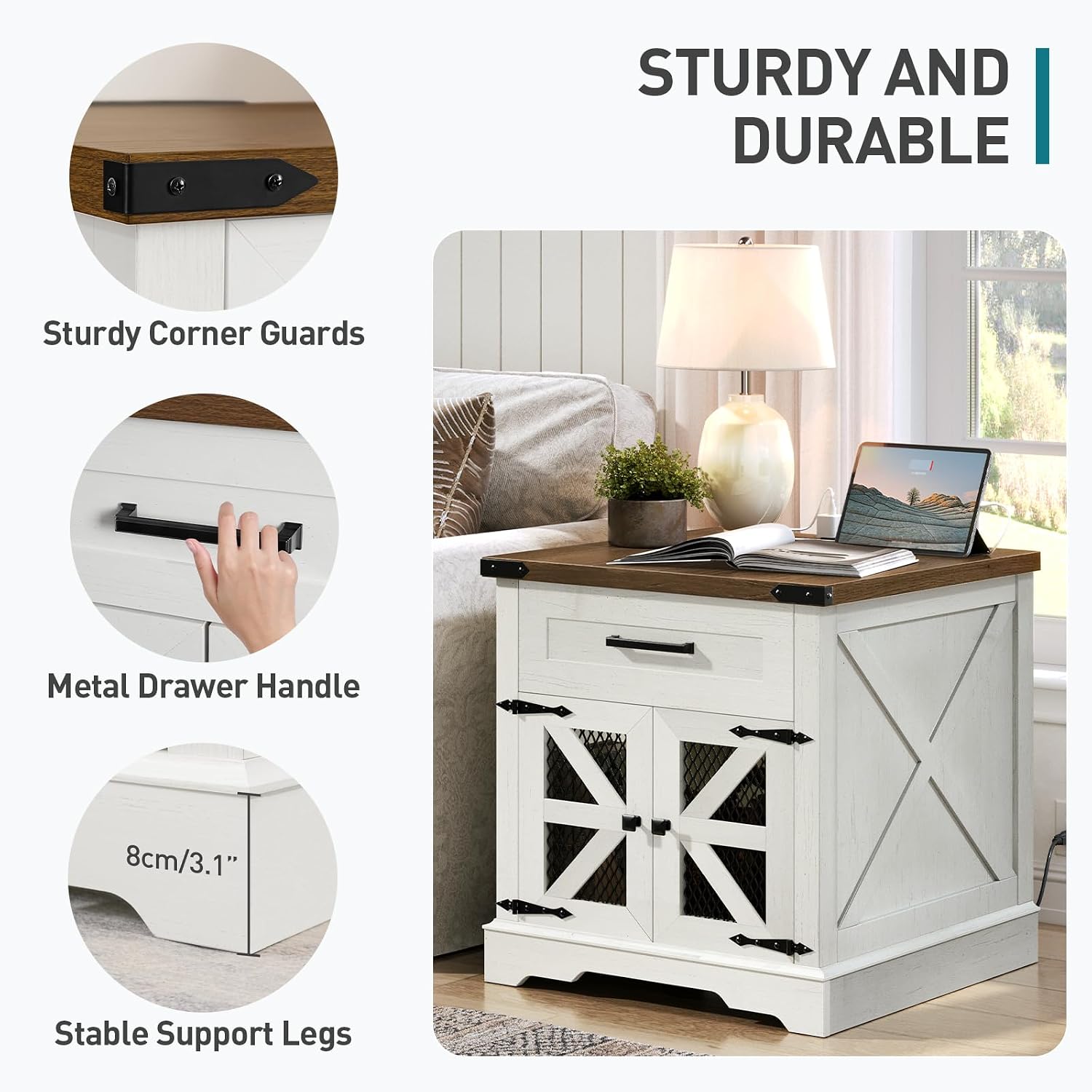 RALGEND White Farmhouse End Table Set of 2, 24' Large Sofa Side Table with Drawer, Large End Table for Living Room, Wooden Nightstand with Charging Station, Square, White and Walnut