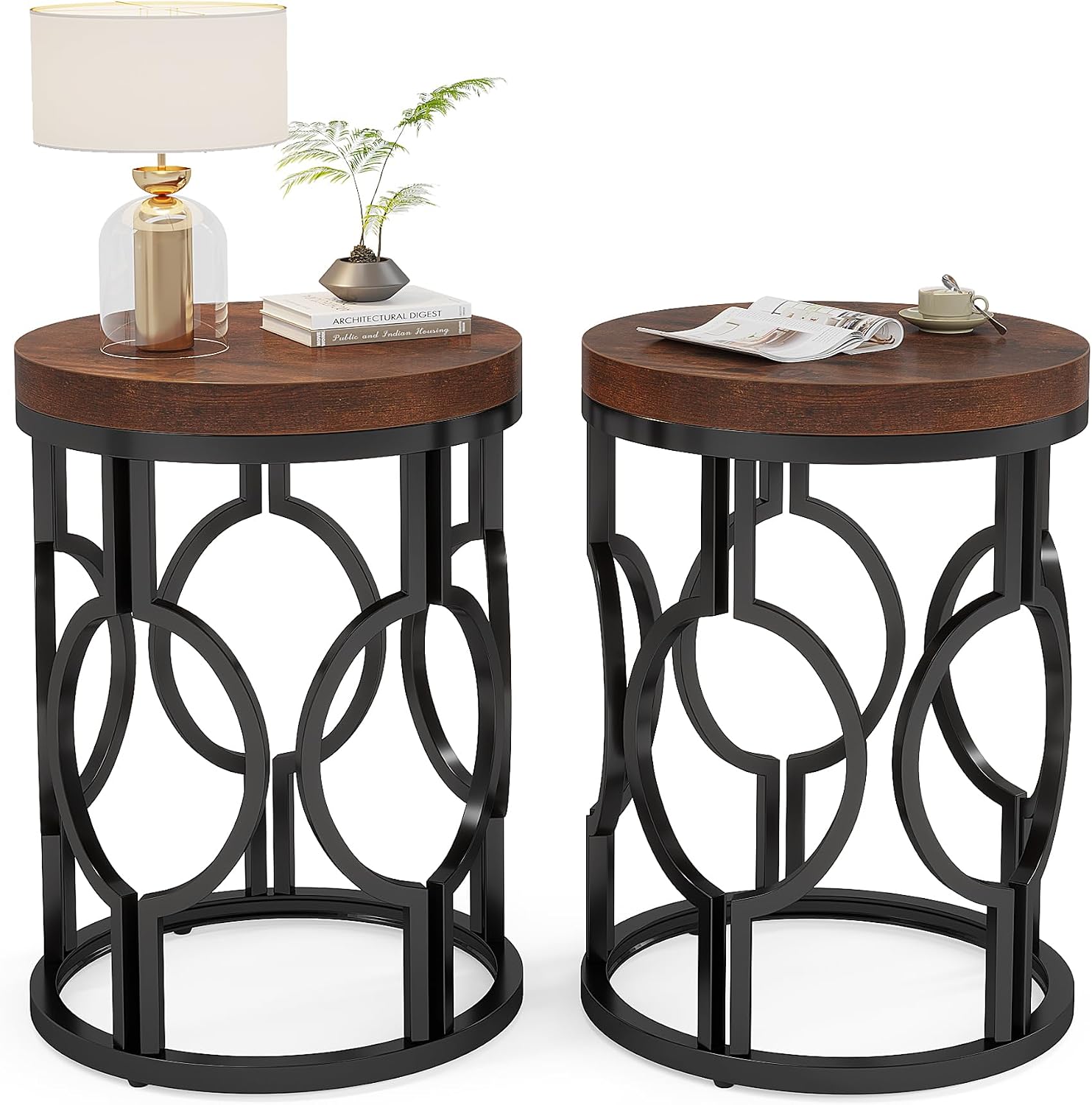 Tribesigns Round End Table Set of 2, Industrial Side Table with Metal Hollow Frame, Small Bedside Table Nightstand for Living Room, Bedroom, Easy Assembly (Rustic Brown,2 PCS)