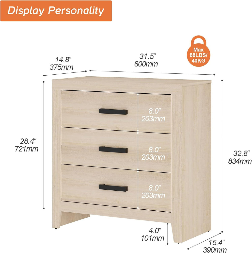 WAMPAT Farmhouse 3 Drawer Nightstand Set of 2, Large Wood Bedside Tables, 32' Wide End Tables with Storage for Bedroom, Hallway, Beige