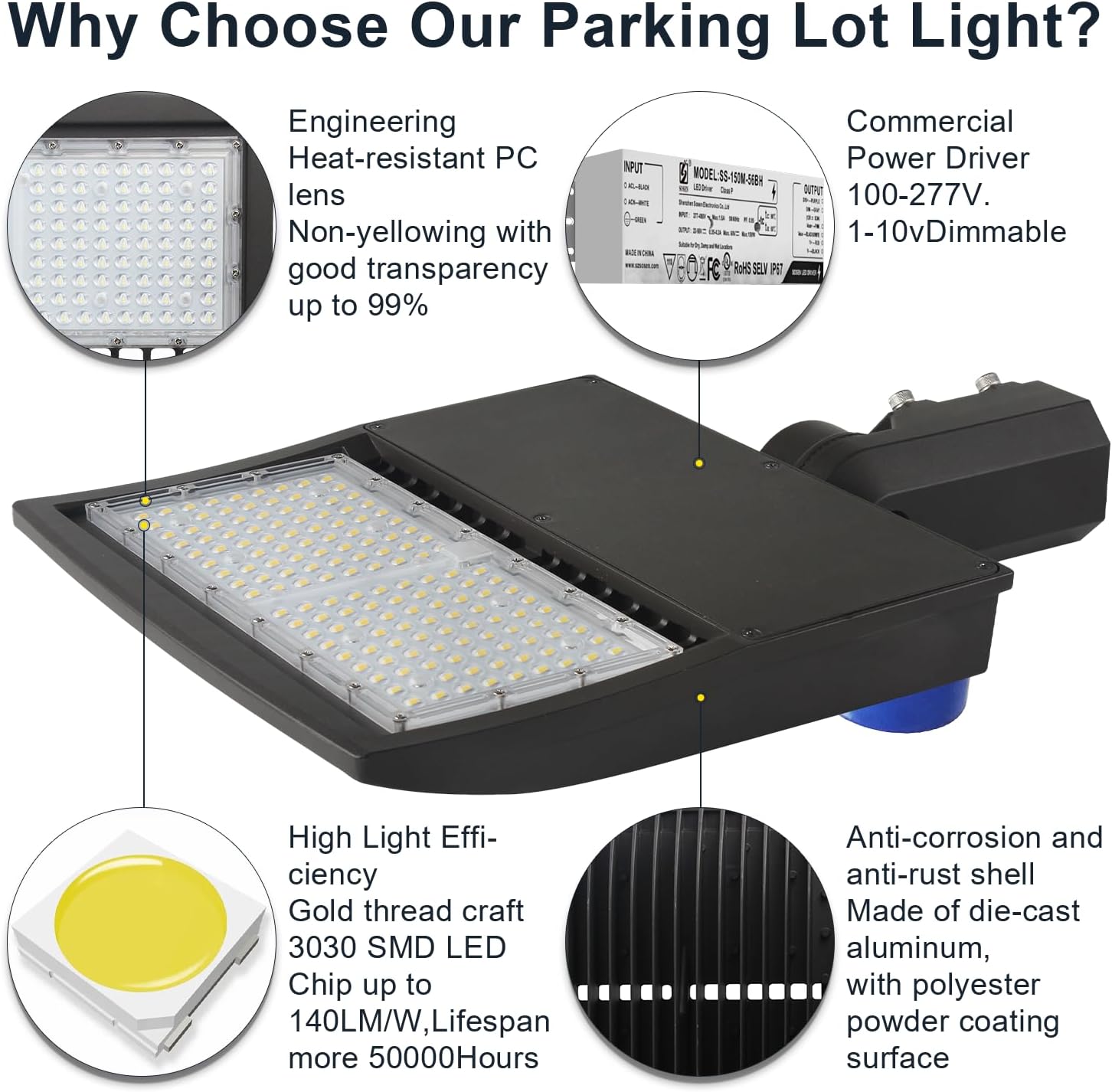 150W LED Parking Lot Light with Dusk to Dawn Photocell, 21000LM 5000K [Eqv. 700W HPS] LED Shoebox Light with Direct Arm Mount, Dimmable Outdoor Area Street Lighting, IP65 AC100-277V UL Listed
