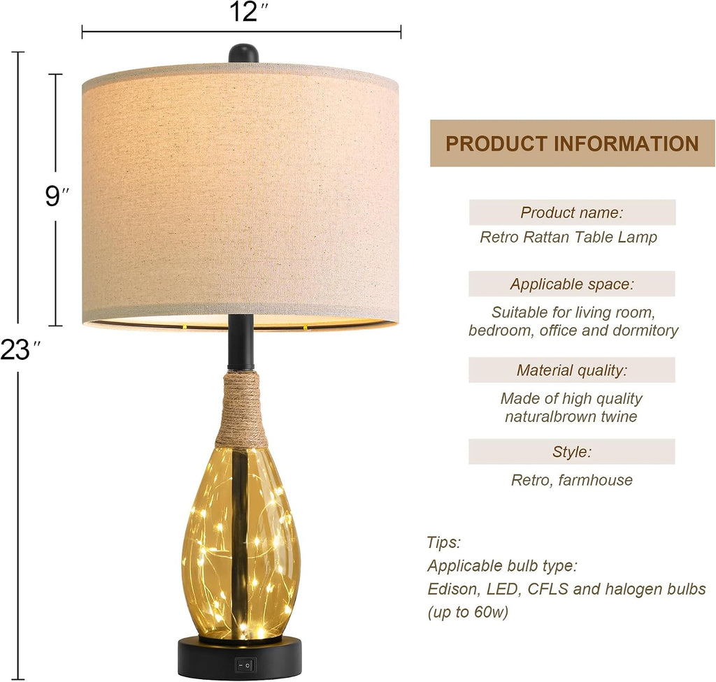 OYEARS 23' Table Lamps for Living Room Set of 2 Bedside Lamps for Night Stands Bedroom Lamps Farmhouse Rattan Boho Lamp Glass Nightlight End Table Lamp,Two Light Points