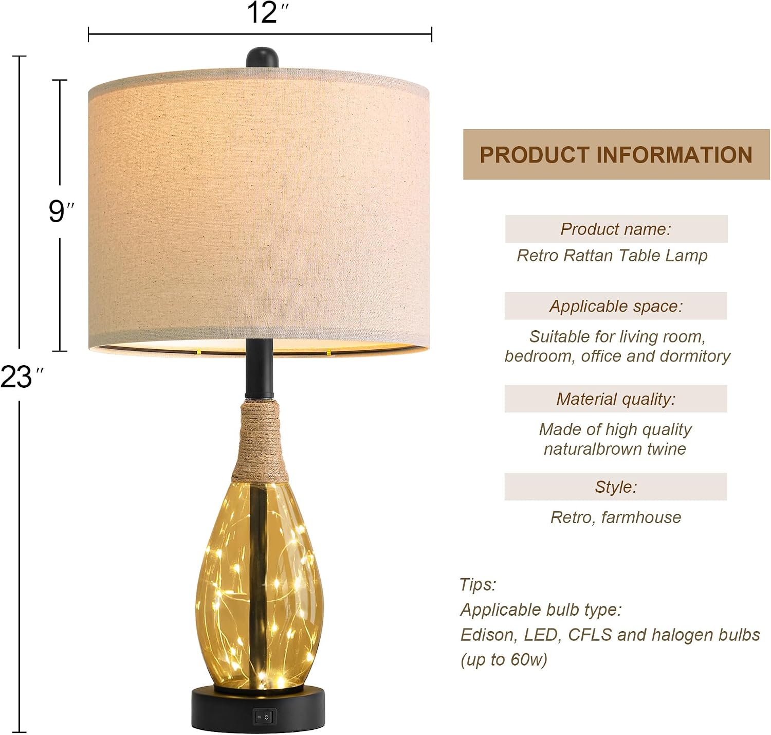 OYEARS 23' Table Lamps for Living Room Set of 2 Bedside Lamps for Night Stands Bedroom Lamps Farmhouse Rattan Boho Lamp Glass Nightlight End Table Lamp,Two Light Points