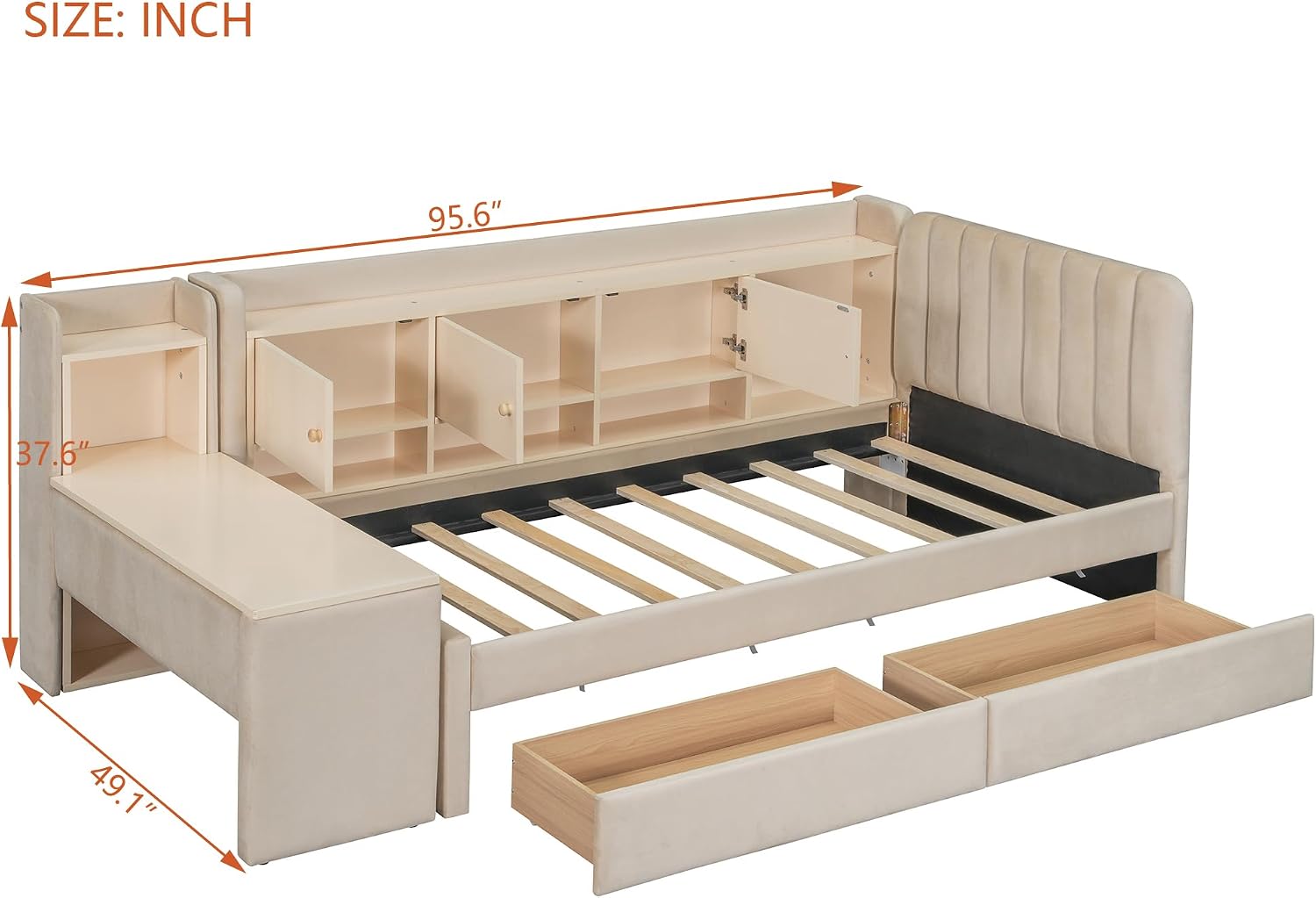 Bellemave Twin Corner Bed with Storage Shelves and Desk, Upholstered Daybed with Bookcase and Drawers，Daybed with Storage, Beige