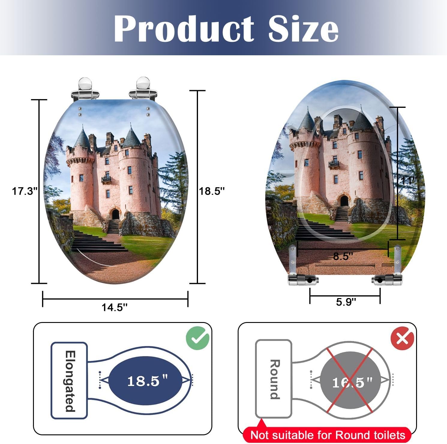 Elongated Toilet Seat Craigievar Castle Aberdeenshire Scotland Resin Toilet Seat Slow Quiet Close Lid with Quick-Release Hinges Cover Bumpers Easy to Clean Install