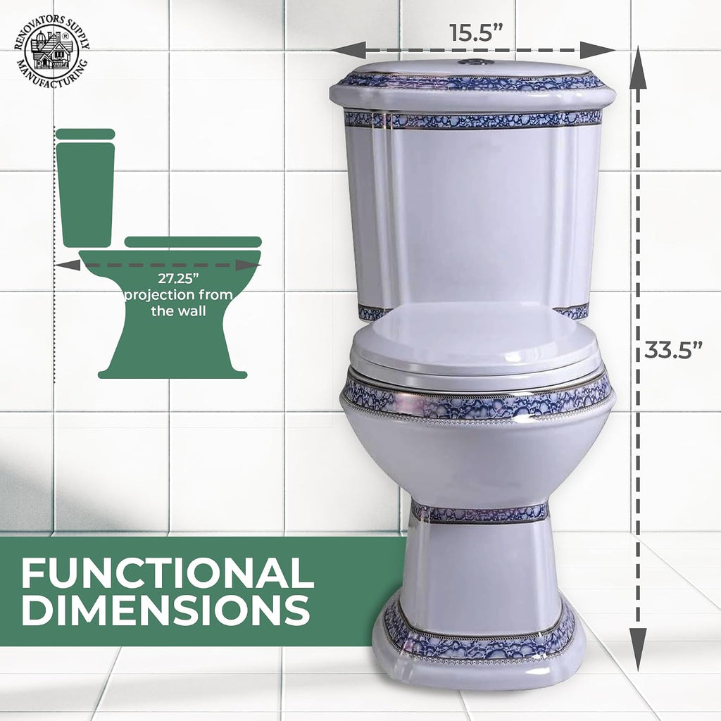 Renovators Supply Manufacturing Dual Flush 2-Piece Elongated Toilet, India Reserve Style with Slow Close Seat, 0.8/1.6 GPF Water Saving, Blue and Gold Vitreous China