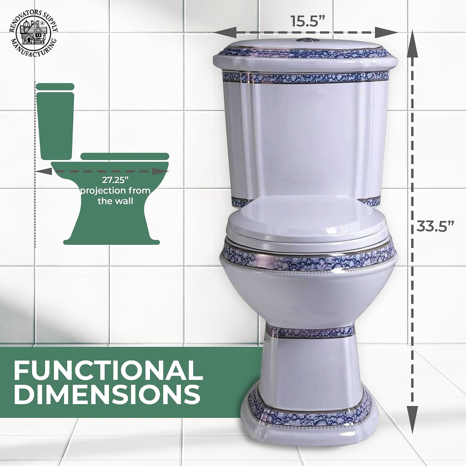 Renovators Supply Manufacturing Dual Flush 2-Piece Elongated Toilet, India Reserve Style with Slow Close Seat, 0.8/1.6 GPF Water Saving, Blue and Gold Vitreous China