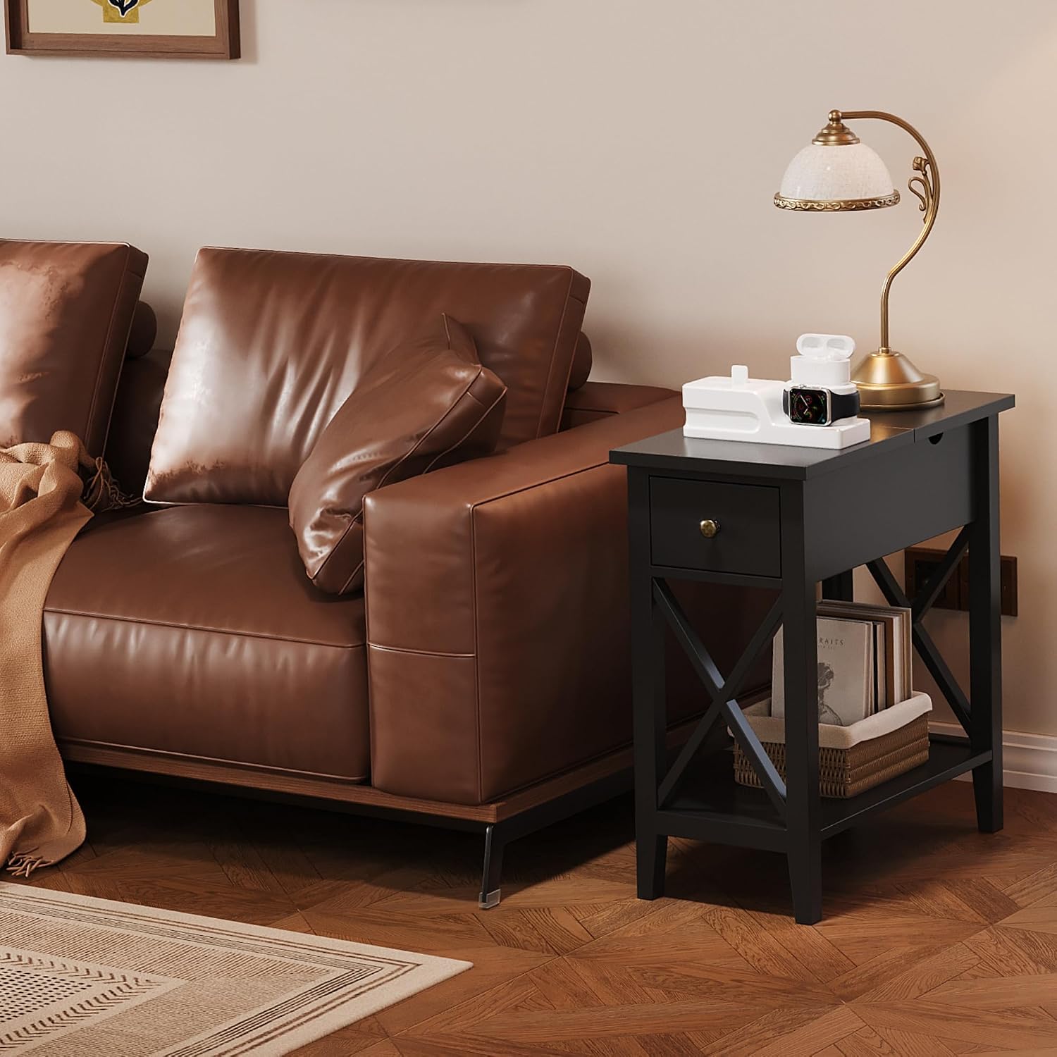 ChooChoo End Table Set of 2 with Charging Station, Narrow End Table with USB Ports and Outlets, Small Side Table Nightstand with Drawer for Living Room, Bedroom, Black
