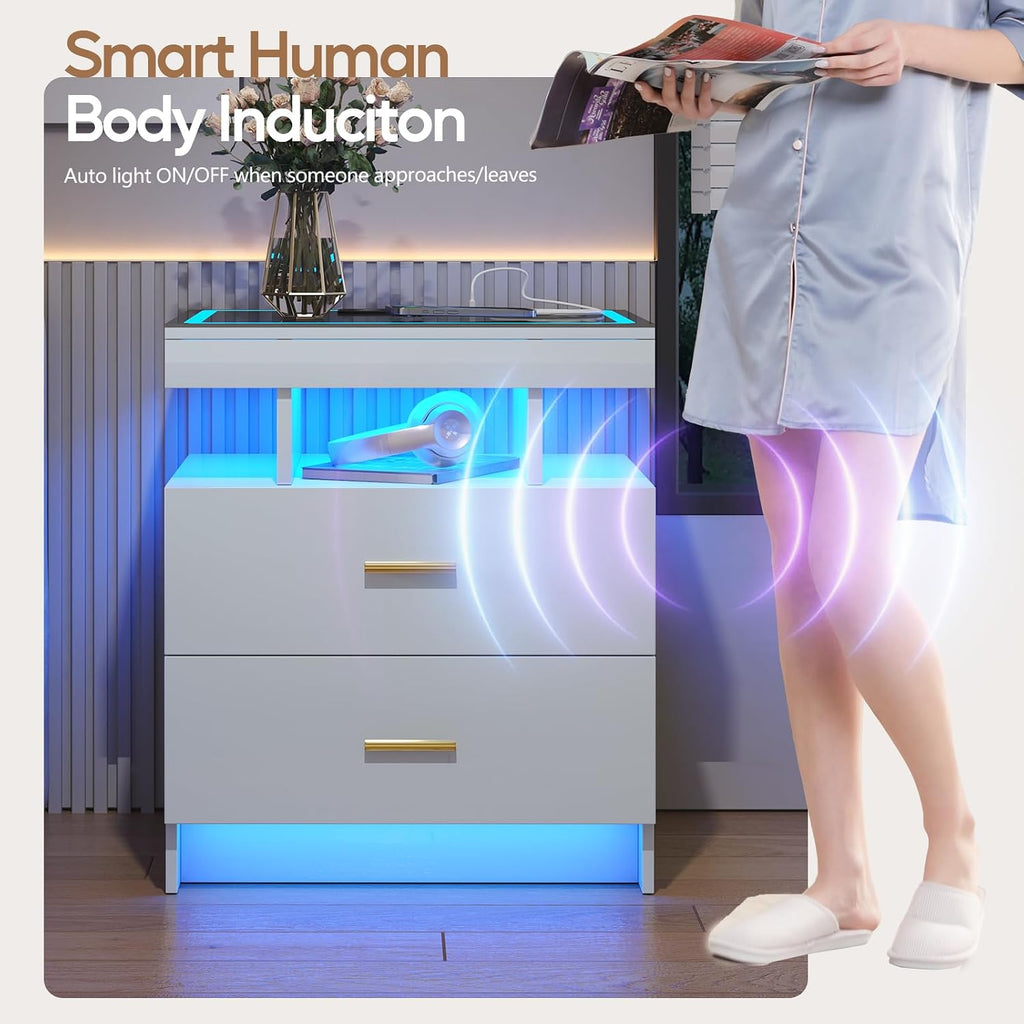 LED Nightstand Set 2 with Wireless Charging Station,White Night Stand with 2 Drawers,Glass Top Smart Bedside Table,Modern End Table Side for Bedroom,Living Room,Office