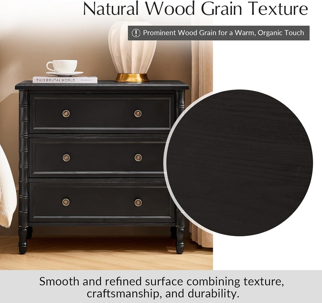 HULALA HOME Solid Wood End Table with Bamboo-Inspired Frame, 28' Wide Endtable with Charging Station, 3 Drawer Side Table for Living Room, Black