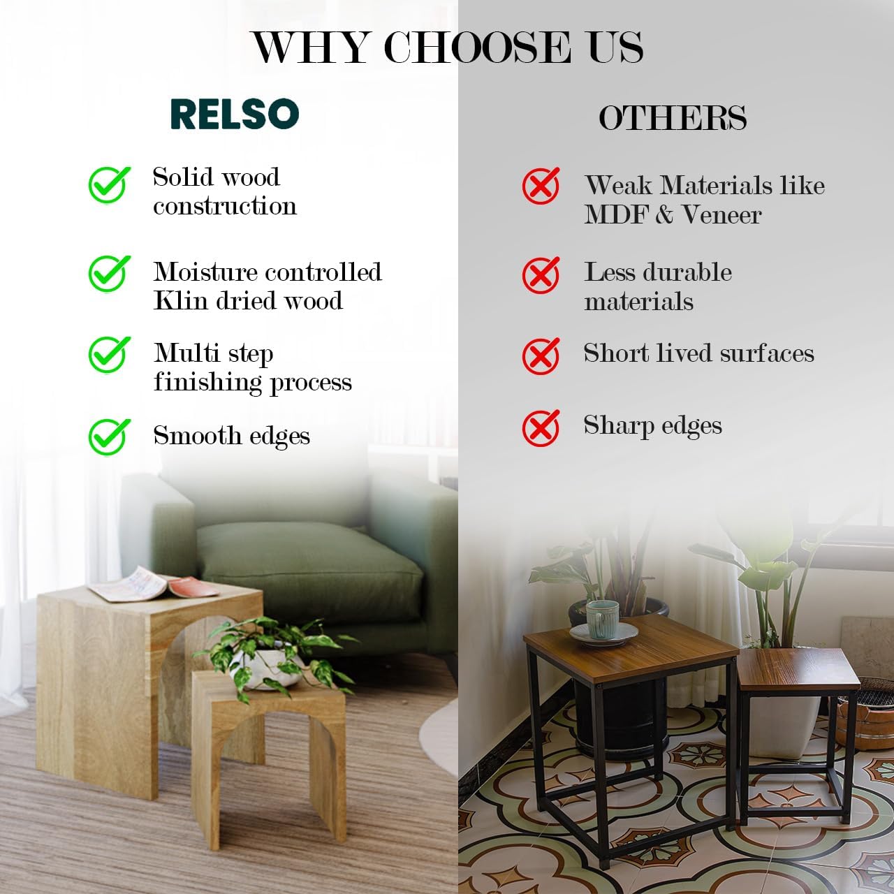 Relso Arch Duo Solid Mango Wood Nesting Tables for Living Room Set of 2 | Stylish Sustainable Design Nesting Side Tables | Unique Arched Cutouts Nesting Stools | Mid Century Nesting Tables