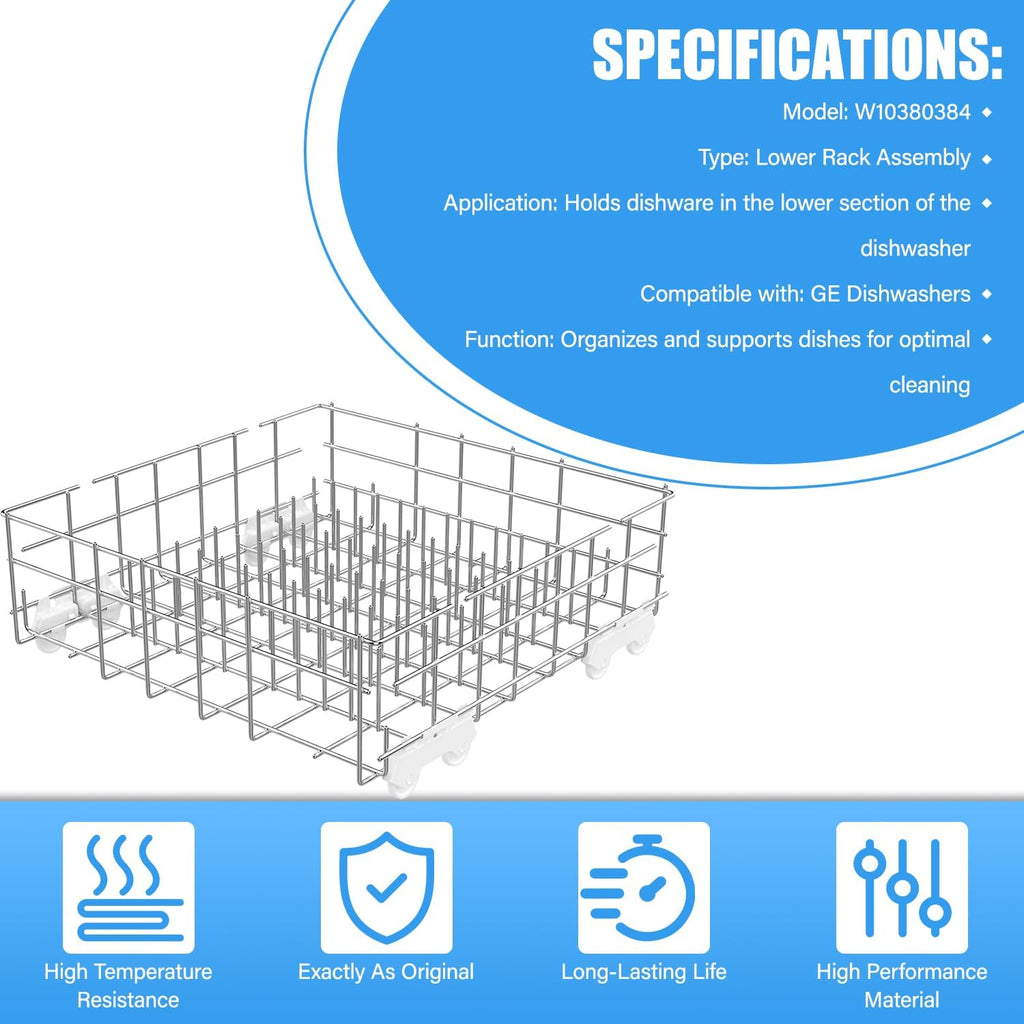 Upgrade W10311986/W10380384 Dishwasher Lower Dishrack Designed for Whirlpool Dishwasher Rack Parts WDT750SAHZ0 WDTA50SAHZ0 WDT970SAHZ0 WDT780SAEM with WP3376961 Wheels Dishwasher Bottom Rack
