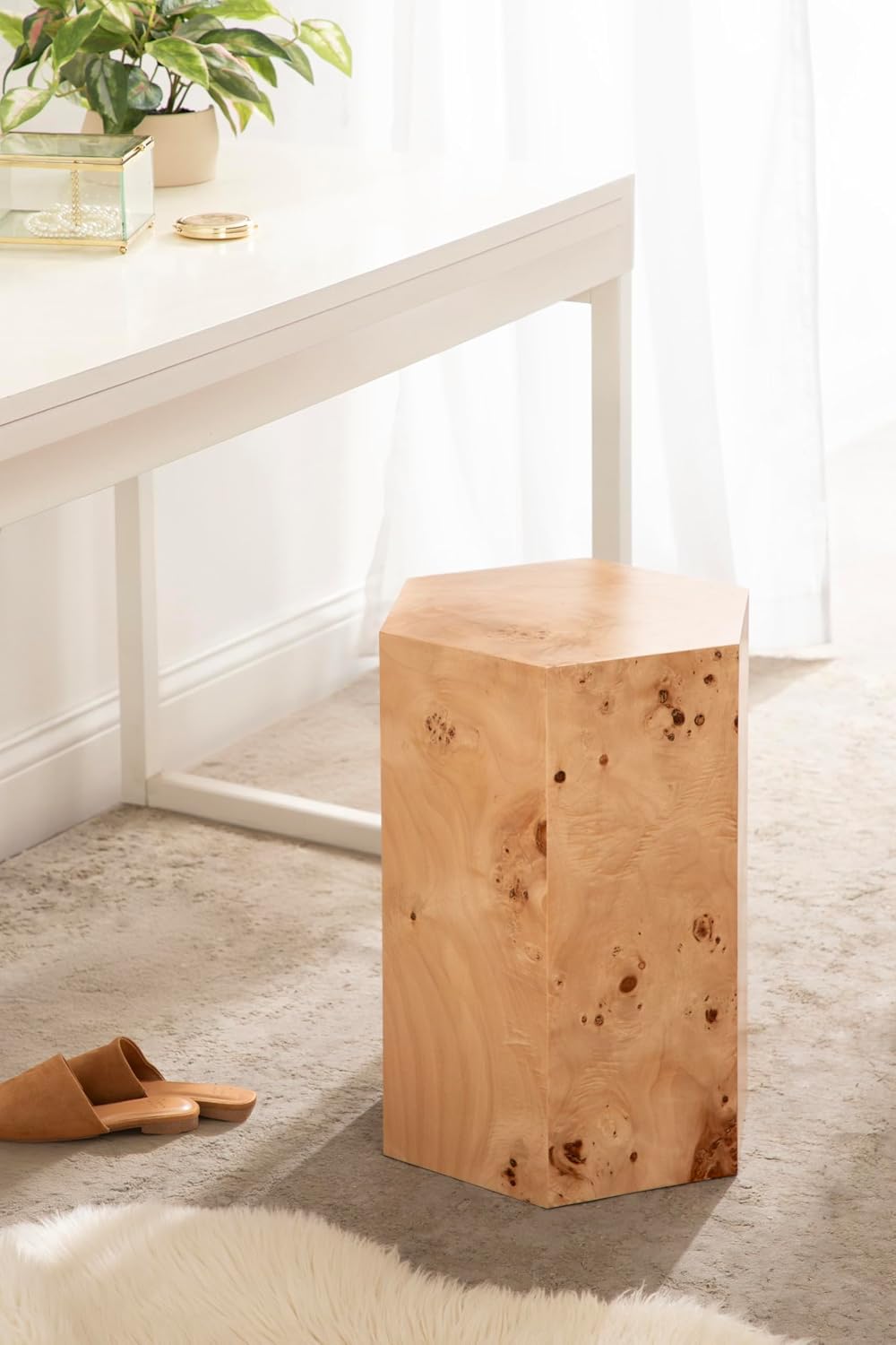 Kate and Laurel Berkett Hexagon Burlwood Side Table, 14 x 12 x 19, Natural Wood, Transitional End Table for Use as Burlwood Nightstand, Living Room Pedestal Table, or Dorm Room Vanity Stool