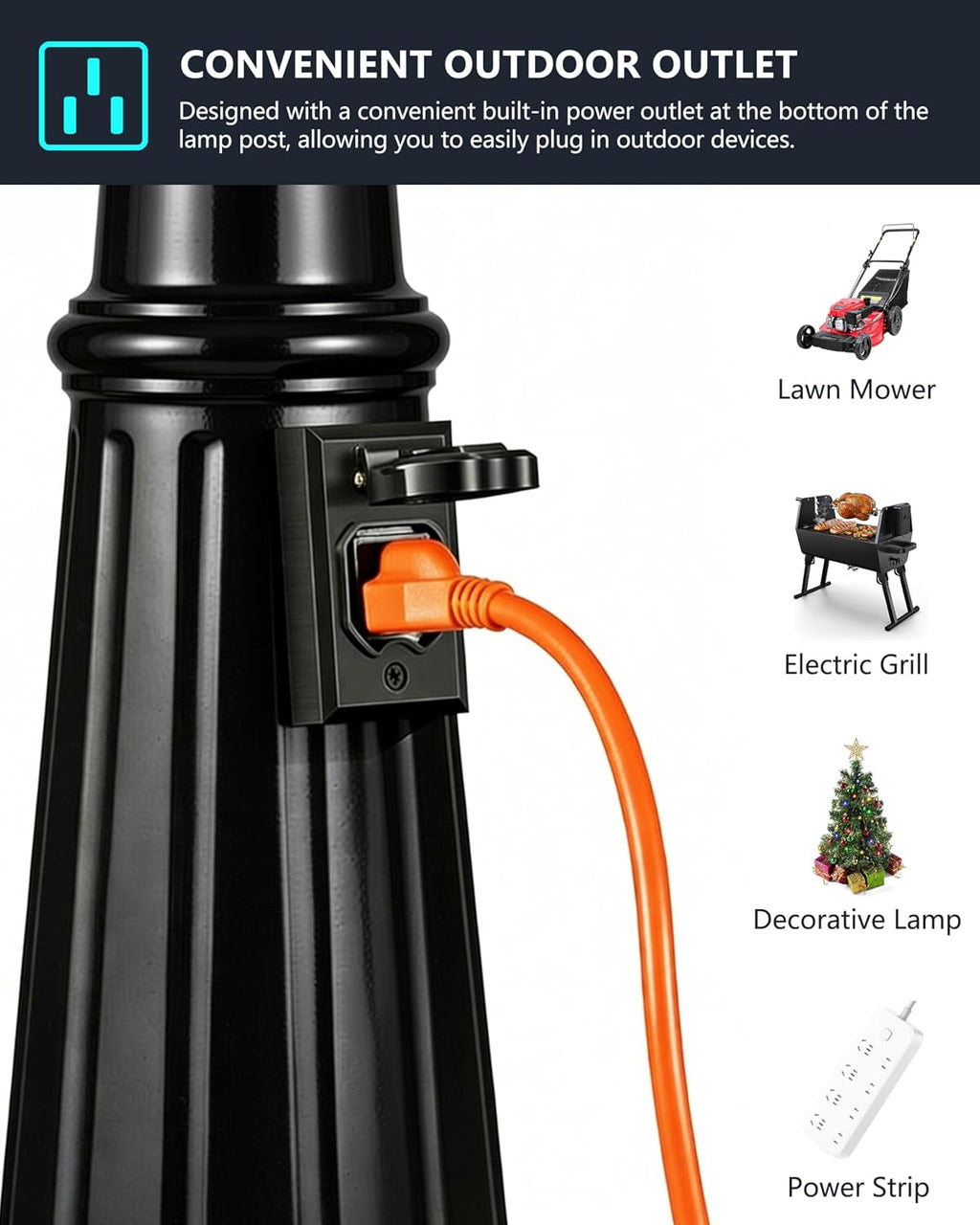 2-Head Outdoor Lamp Post Light with Outlet, 94″ Dusk to Dawn Street Light Pole Waterproof Aluminum Outdoor Post Lights, Black Exterior Lighting for Garden Yard Driveway (2 LED Bulbs Included)