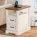 HOMMPA Farmhouse End Table with Charging Station, 23.6'' Rustic End Table w/Storage Drawers & Open Shelf, Wood Sofa Side Table Bedside Table for Living Room Bedroom, Roman Column Design, Rustic White