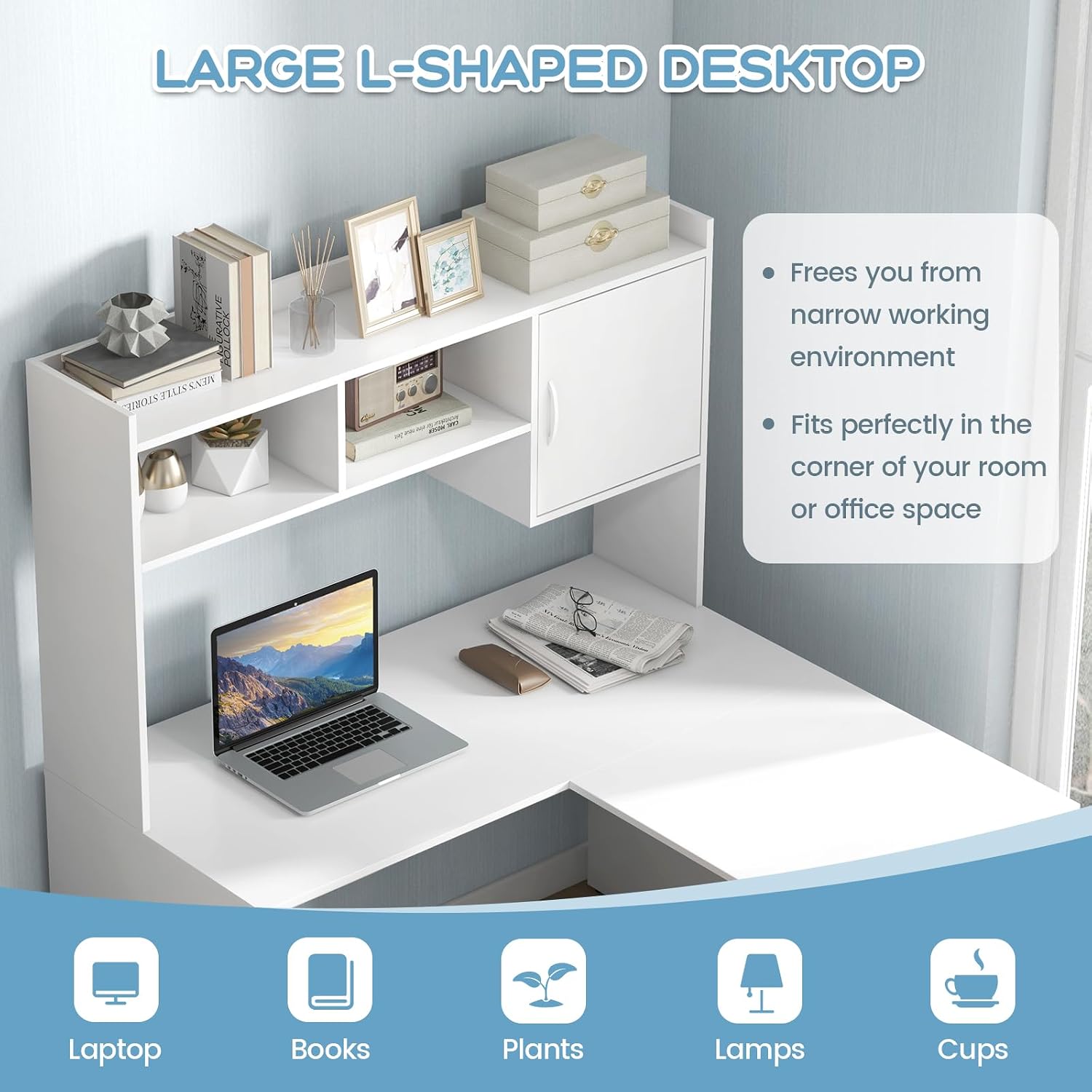 GOFLAME L-Shaped Desk with Open Storage Hutch, Corner Computer Desk with Shelves & Cabinet, Modern Writing Study Desk for Home Office, Laptop PC Desk Gaming Desk, White