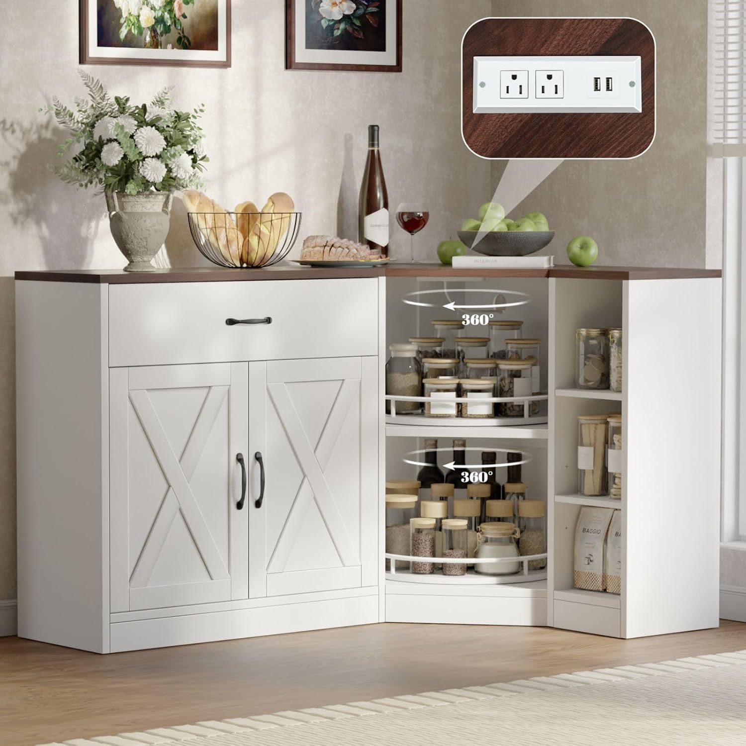Loomie Corner Cabinet w/Charging Station, Kitchen Pantry Cabinet w/2 Tier Lazy Susan Turntable, Farmhouse Food Pantry w/Drawer & Doors & Adjustable Shelf, L-Shaped Sideboard for Dining Room (White)