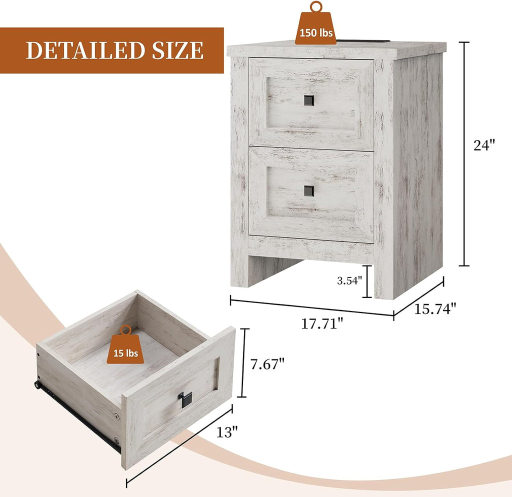 AMERLIFE Large Nightstand Set of 2 with Charging Station, Bedside Table with USB Ports and Outlets, Farmhouse Wood End Table for Bedroom, Distressed White