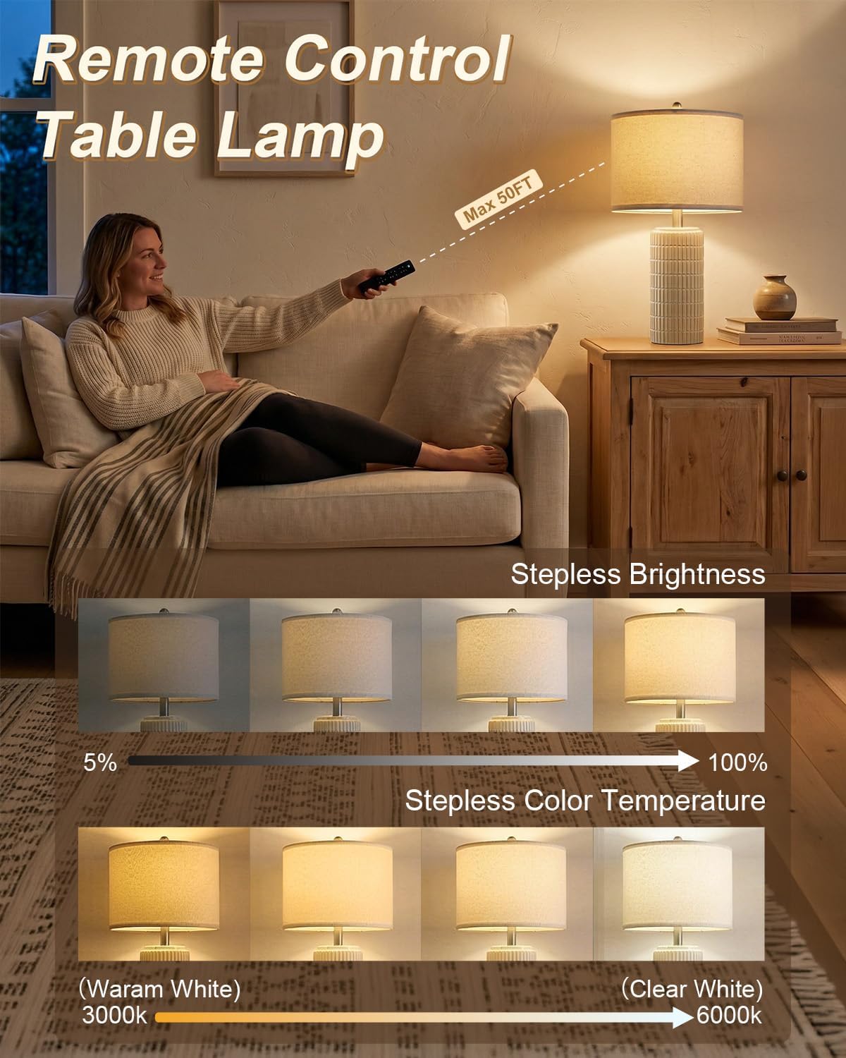 PoKat 23'' Dimmable Table Lamps with Remote for Living Room, Modern Stepless Adjustable Bedside Lamps Set of 2 for Bedroom, Nightstand Lamps for Office Nursery Desk Console Kids, White (No Battery)
