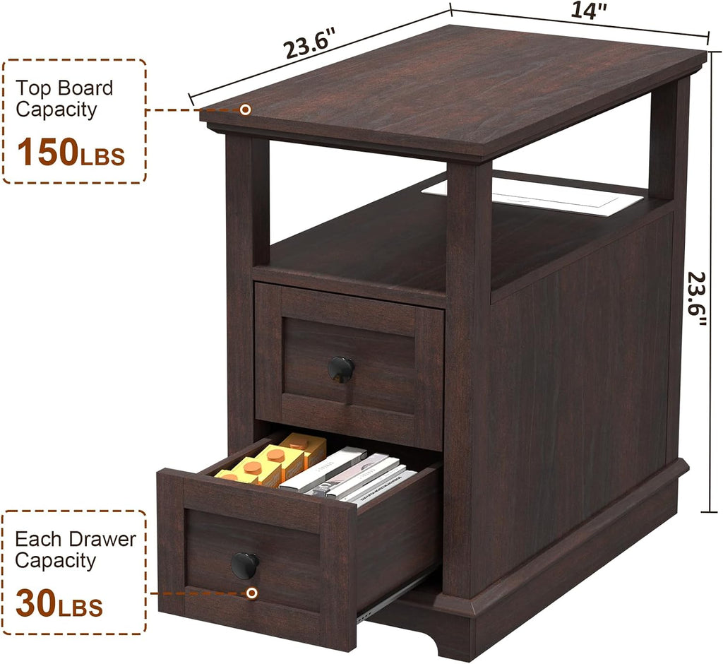 HIFYOBRO Narrow End Table with Flip Top Charging Station, Side Table with 2 Drawers, Type-C & USB Port & Power outlets, Wooden Storage Cabinet, Side Table with Storage for Living Room Bedroom