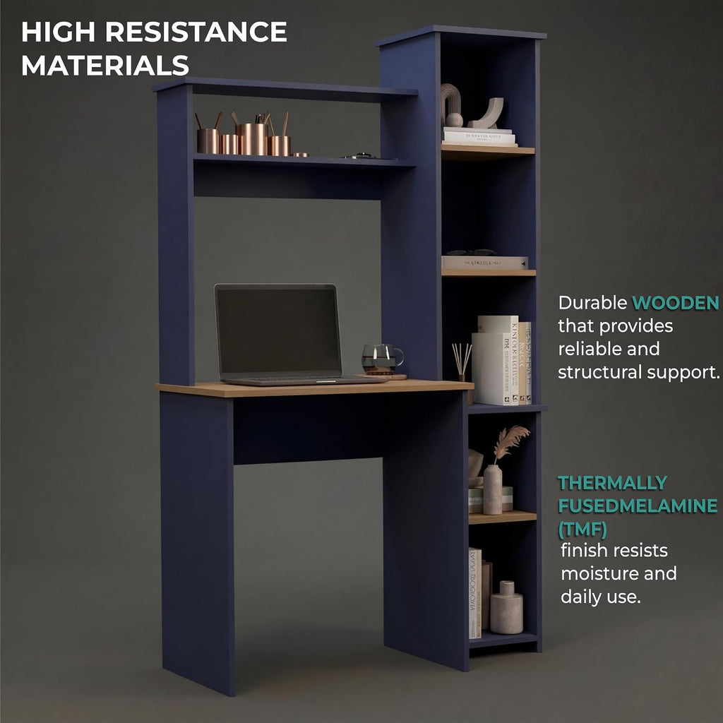 TUHOME Versalles Writing Desk with Large Monitor Shelf,Keyboard Tray and Five Side Open Storage Compartments,Modern Space-Saving Office Desk for Studios,Workspaces or Bedrooms, Functional Organization