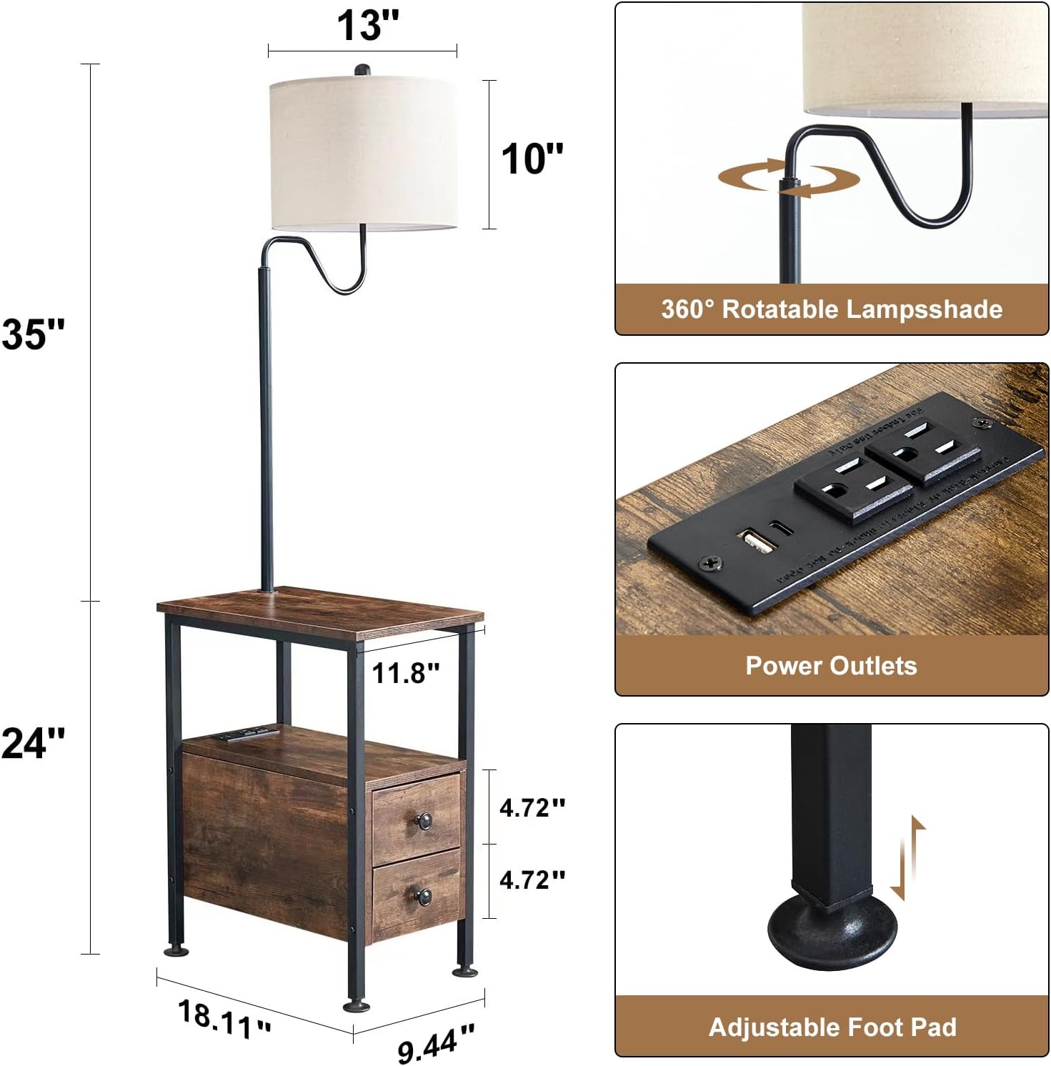 Dungoo 59' Floor Lamp with Table, Narrow End Table with Lamp Attached with USB & Type-C Ports and 2 Outlets, Rustic End Table with Storage Drawers, Bedside Nightstand for Living Room Bedroom