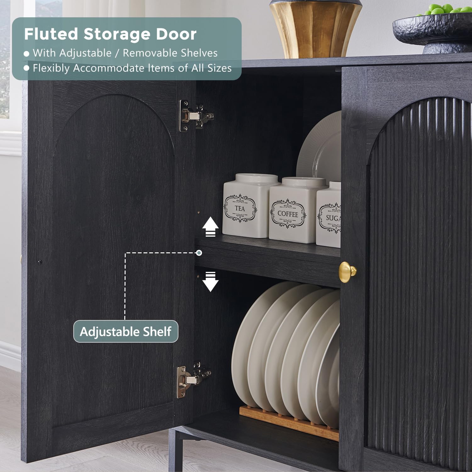 IFGET Modern Buffet Cabinet with Storage, 34' Tall Fluted Arched Sideboard Cabinet w/Adjustable Shelves, Wooden Modular Coffee Bar for Dining Room, Kitchen, Living Room, Entryway, Dark Grey