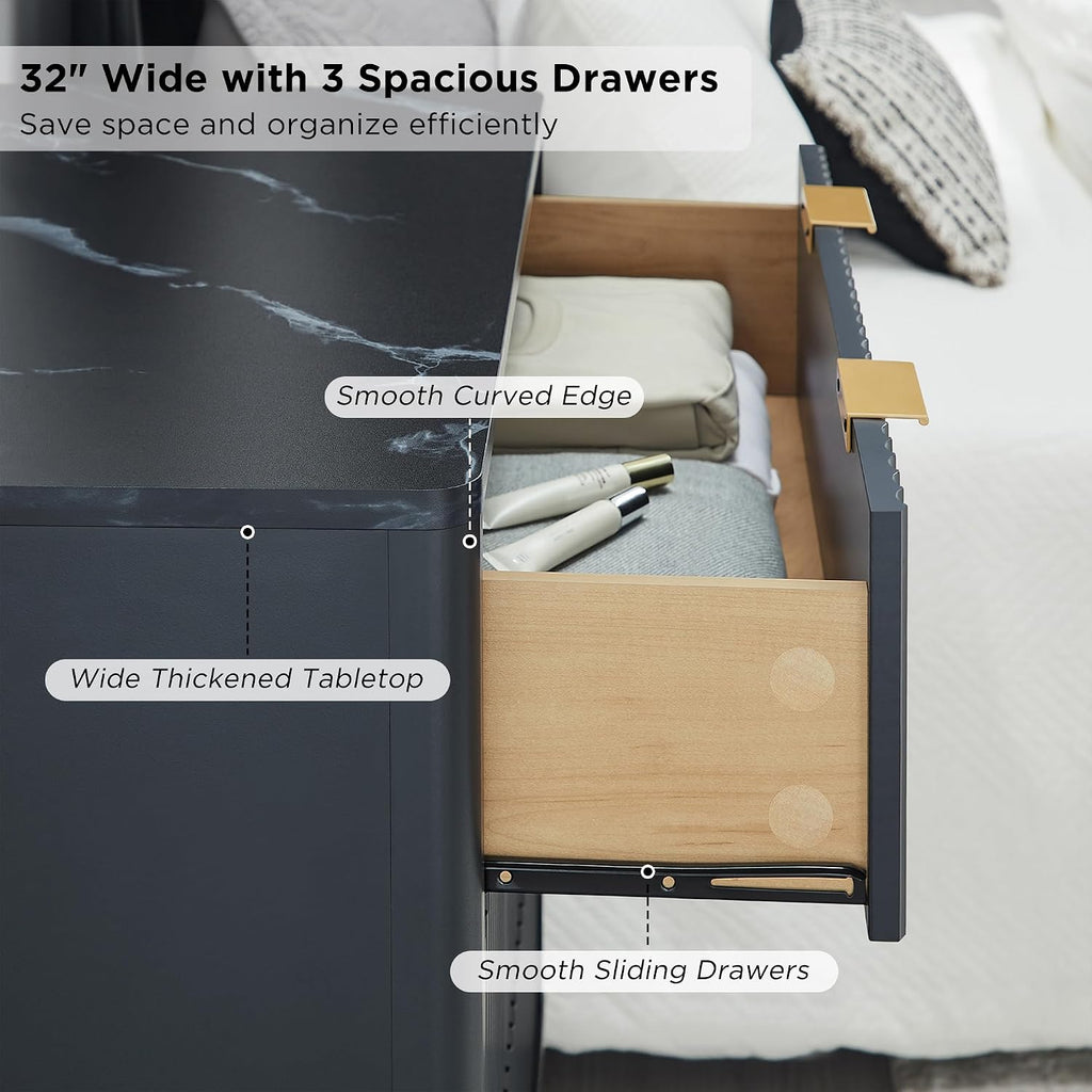 T4TREAM Fluted 3 Drawers Nightstand Set of 2, Oversized Extra Large Modern Side Table with Faux Marble Top, End Table Bedside for Bedroom, Living Room, Curved Profile Design, Dark Grey | Fluted