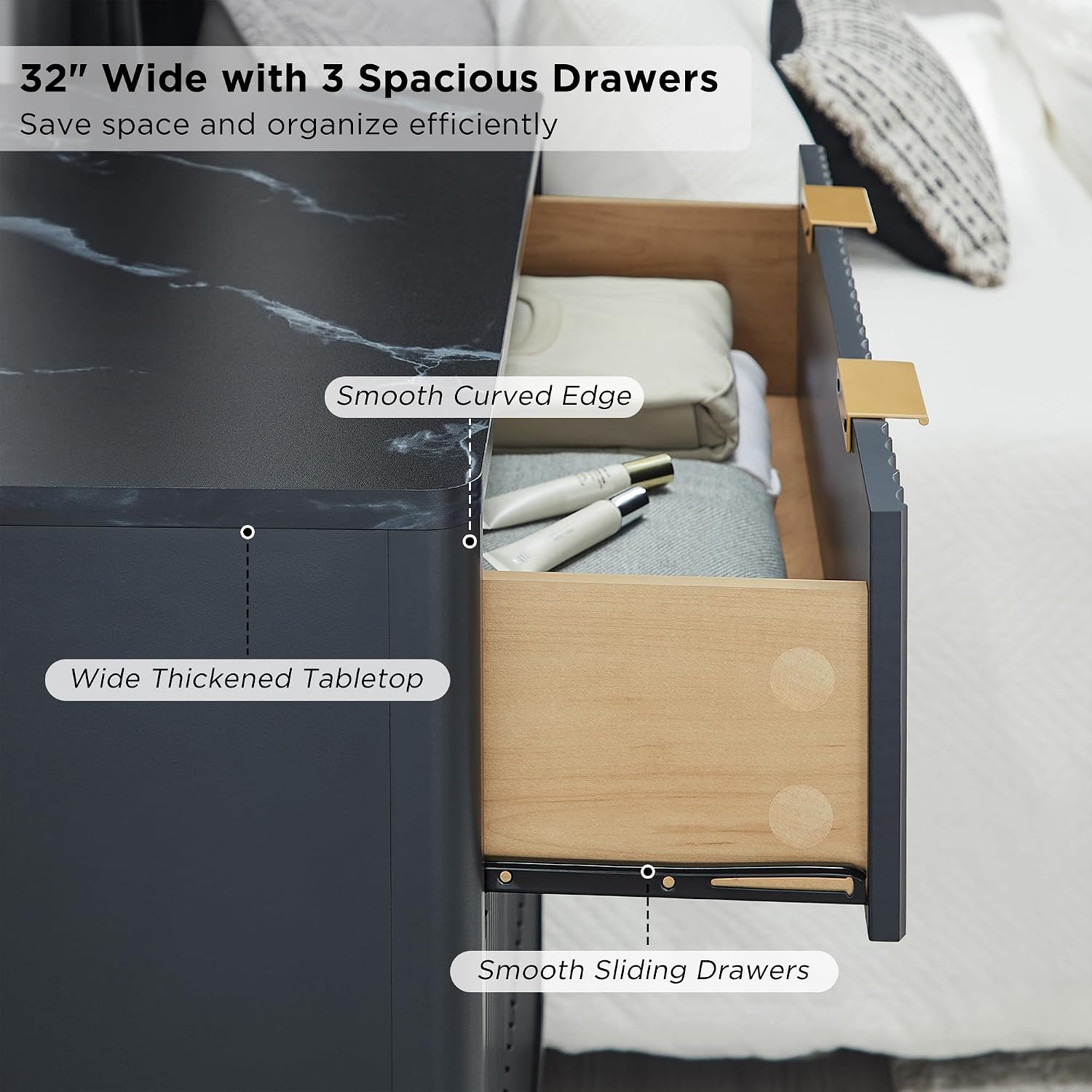 T4TREAM Fluted 3 Drawers Nightstand Set of 2, Oversized Extra Large Modern Side Table with Faux Marble Top, End Table Bedside for Bedroom, Living Room, Curved Profile Design, Dark Grey | Fluted