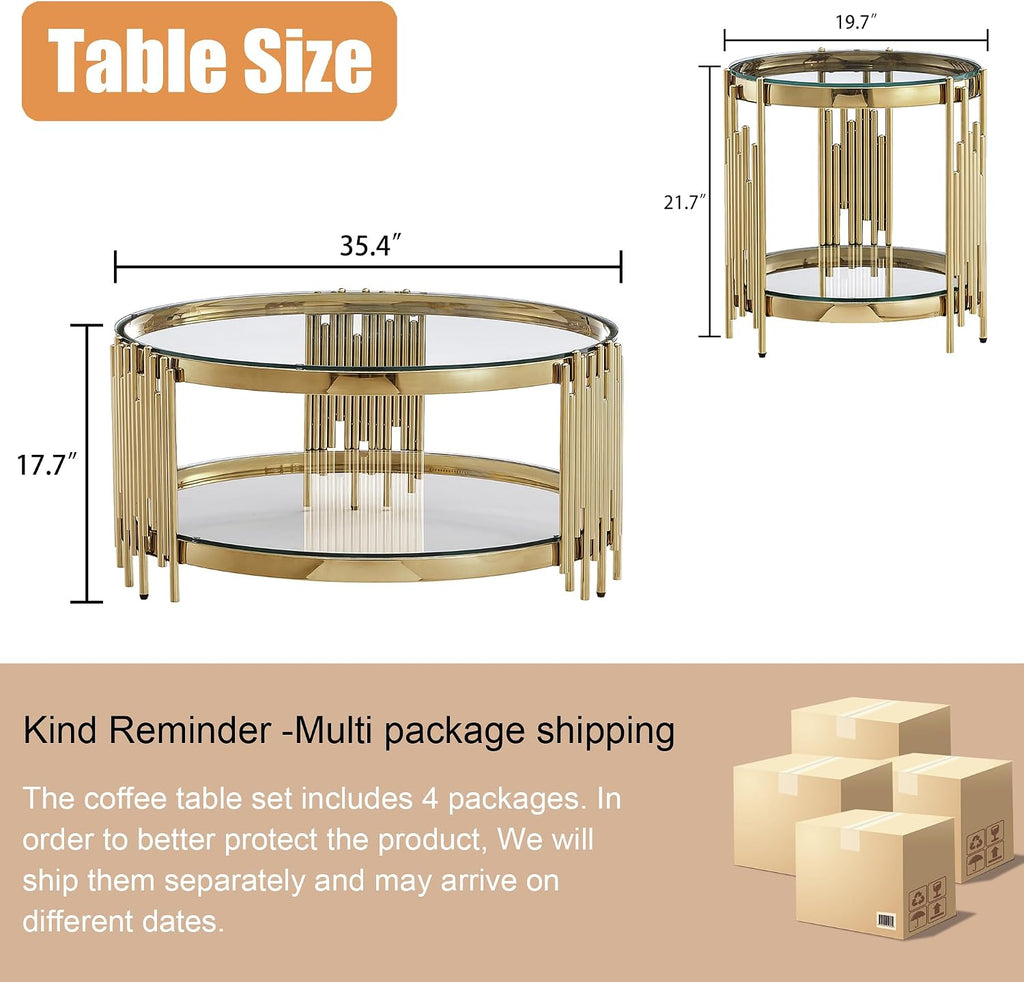 Round Glass Coffee Table Set of 3, Gold Living Room Table Set with Coffee Table and 2 End Table, 2-Tier Glass Table with Stainless Steel Legs and Clear Tempered Glass for Living Room