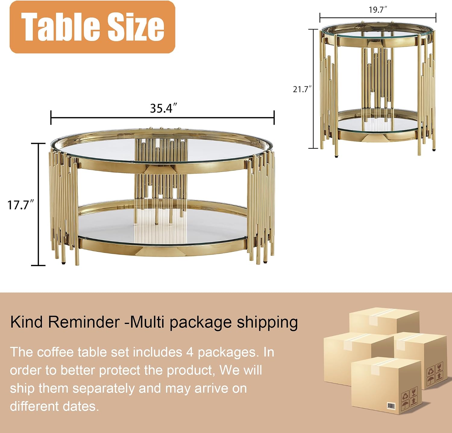 Round Glass Coffee Table Set of 3, Gold Living Room Table Set with Coffee Table and 2 End Table, 2-Tier Glass Table with Stainless Steel Legs and Clear Tempered Glass for Living Room