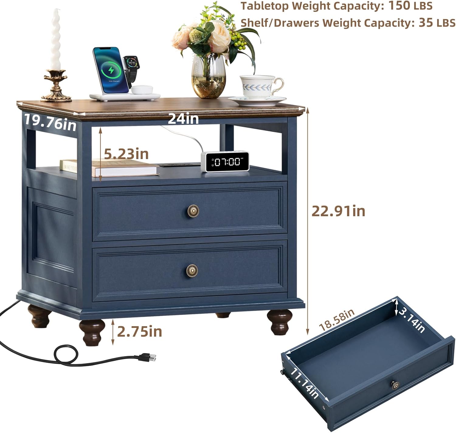 Joaxswe Farmhouse Nightstand Set of 2 with Charging Station, 24' Wide End Table with 2 Drawers,Wood Dresser for Bedroom,Bed Side Table Chest of Drawers Cabinet,Navy BlueNight Stand for Living Room