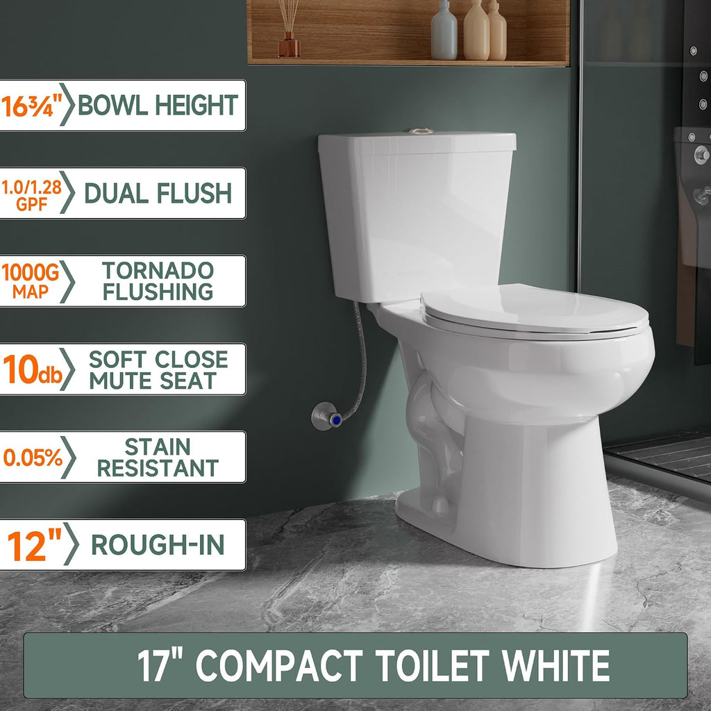 17 Inch Compact Tall Toilet ADA Height Seat 17.5', Powerful Tornado Flush, Two Piece Dual Flush 1.0/1.28 GPF, 12' Rough-in for Bathroom, Comfort Bowl Heigh 16.75', White