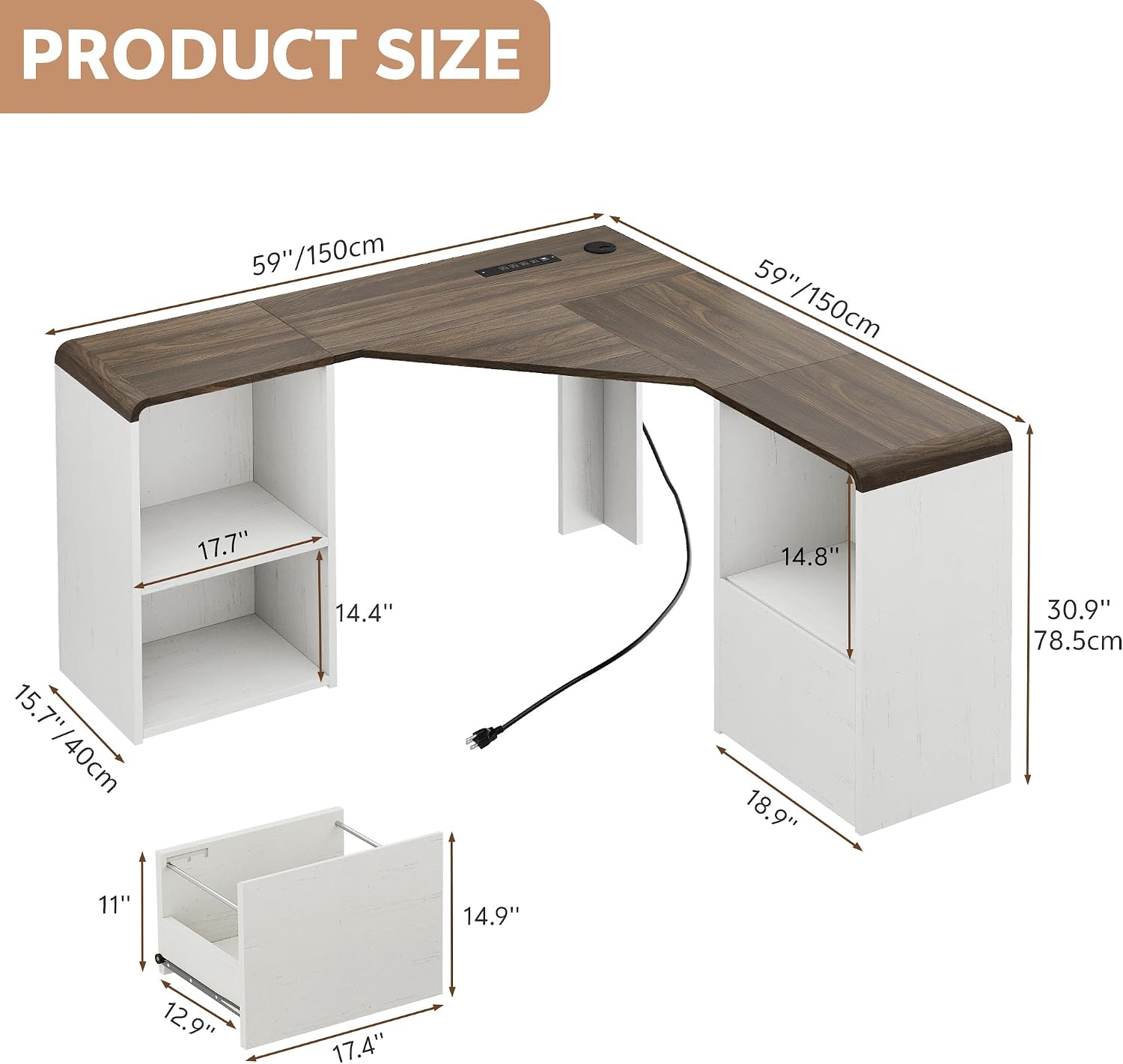 60' L Shaped Desk with File Drawer Modern Corner Computer Desk with Storage L Shape Home Office Desk Executive Desk with Power Outlets Storage Shelves File Cabinet for Working Writing White