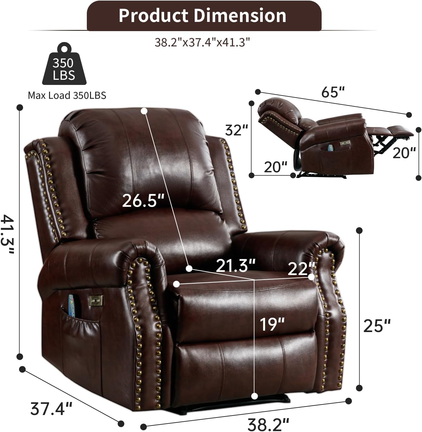 HAOMARKETS Classic Power Recliner Chair with Massage and Heat, Breathable Faux Leather Electric Recliner with USB&Type-C Ports, Overstuffed Reclining Sofa with Rivets for Living Room, Caramel Brown