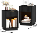 Akxomel Fluted Nightstands Set of 2, Wooden Night Stand with Charging Station and LED Light, Modern Mid Century End Table with Drawer, 15' D x 15.7' W x 22.6' H, for Bedroom, Black