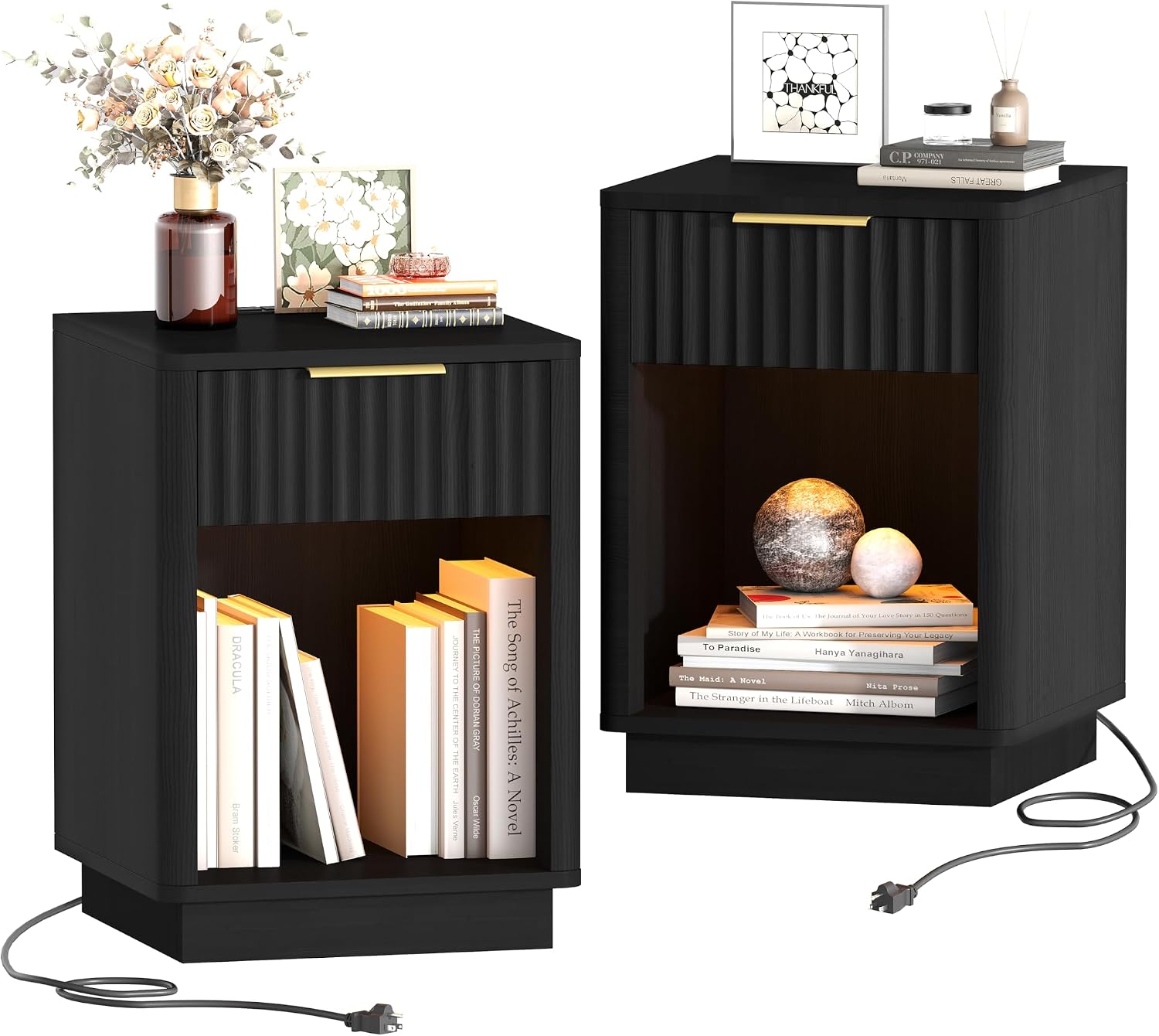 Akxomel Fluted Nightstands Set of 2, Wooden Night Stand with Charging Station and LED Light, Modern Mid Century End Table with Drawer, 15' D x 15.7' W x 22.6' H, for Bedroom, Black