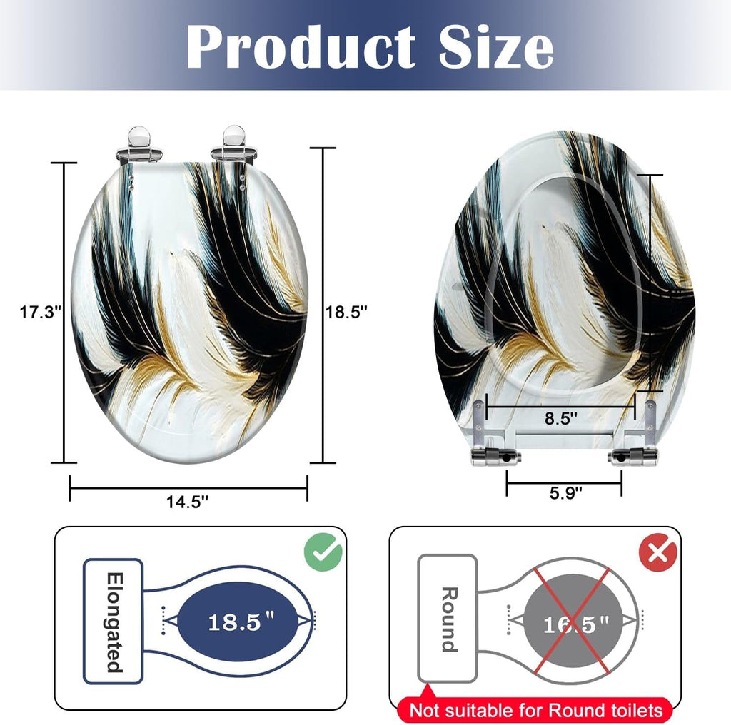 Elongated Toilet Seat luxury black white golden feathers Resin Toilet Seat Slow Quiet Close Lid with Quick-Release Hinges Cover Bumpers Easy to Clean Install