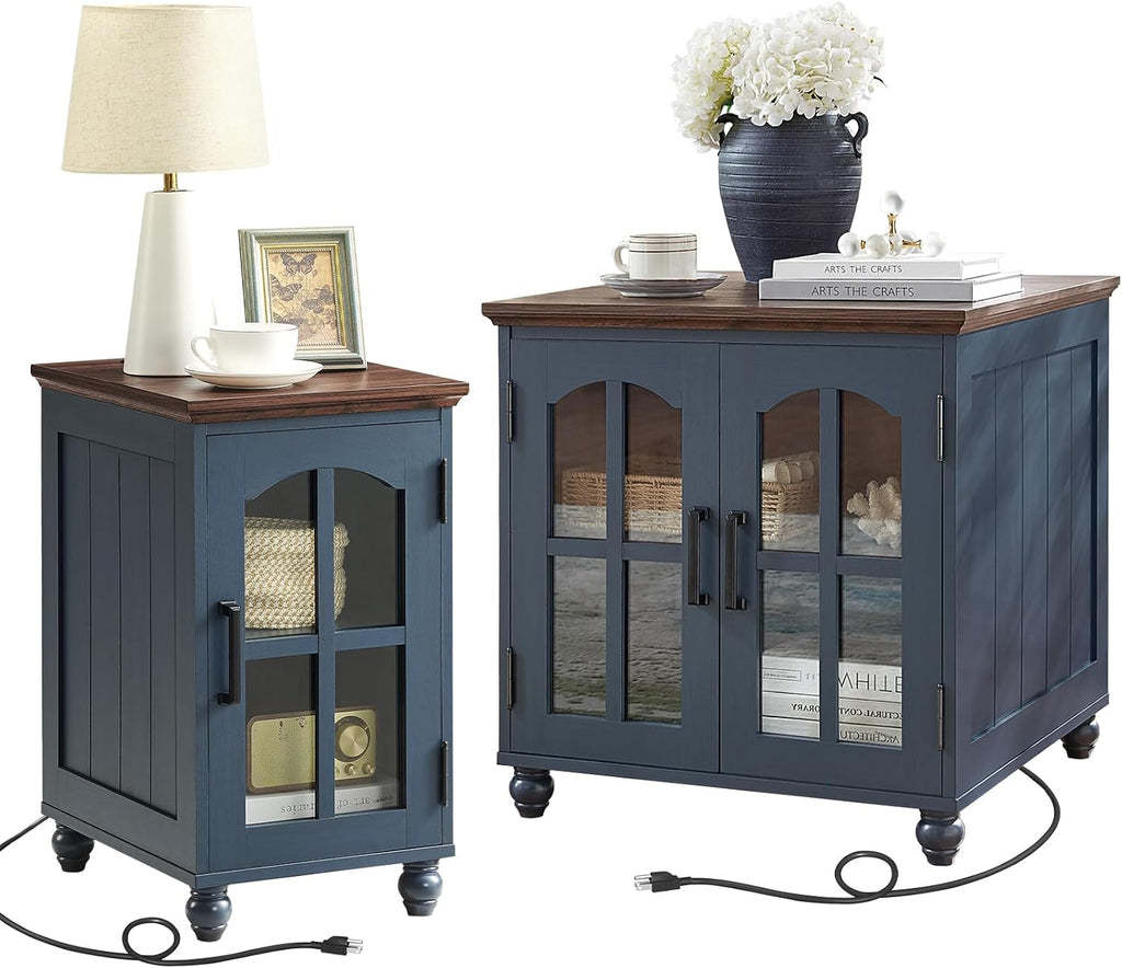 RWYHG Farmhouse End Table Set of 2 with Charging Station, 18'' Narrow Side Table and 24' Large Sofa Side Table with Glass Barn Door Storage, Wood Night Stand Bedside Table for Living Room,Bedroom