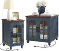 RWYHG Farmhouse End Table Set of 2 with Charging Station, 18'' Narrow Side Table and 24' Large Sofa Side Table with Glass Barn Door Storage, Wood Night Stand Bedside Table for Living Room,Bedroom