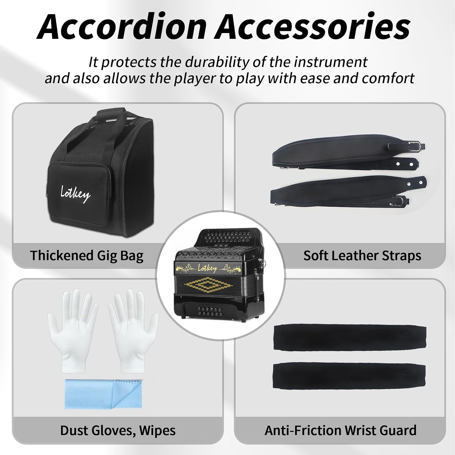 Lotkey 34 Key Diatonic Accordion, 3412 Multi Tone Celluloid Accordions Louder Clearer Timbre than Plastic for Adult, Beginner, Professional with Updated Bag, Straps, Acordeón Wrist Guard (GCF Black)