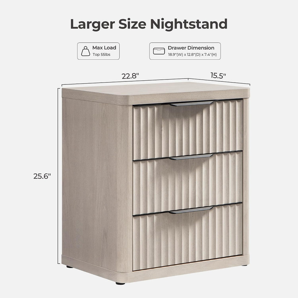 SICOTAS Night Stand Nightstand with 3 Drawers Storage Bedside Table Large Fluted Bed Side End Table Modern 25.6' Tall Wide Night Stands for Bedroom Living Room Sofa Couch Home Office, White Alder