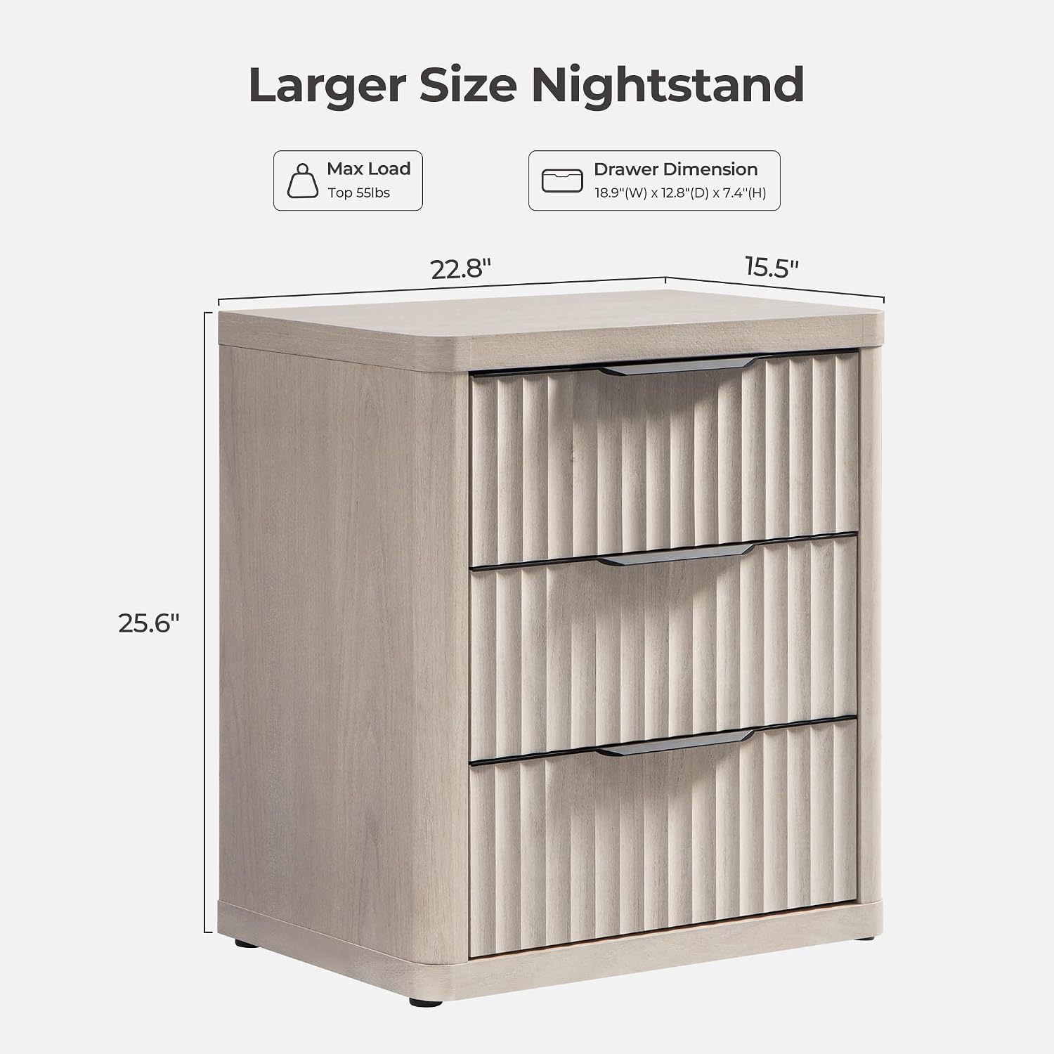 SICOTAS Night Stand Nightstand with 3 Drawers Storage Bedside Table Large Fluted Bed Side End Table Modern 25.6' Tall Wide Night Stands for Bedroom Living Room Sofa Couch Home Office, White Alder