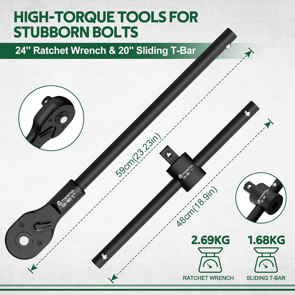 1 Inch Drive Impact Socket Set for Truck, Excavator & Construction Equipment Repair, 21-55mm Metric Heavy Duty CR-MO Socket Set, 18 Pcs with 24' Ratchet Wrench, Sliding T-Bar & Extension Bars
