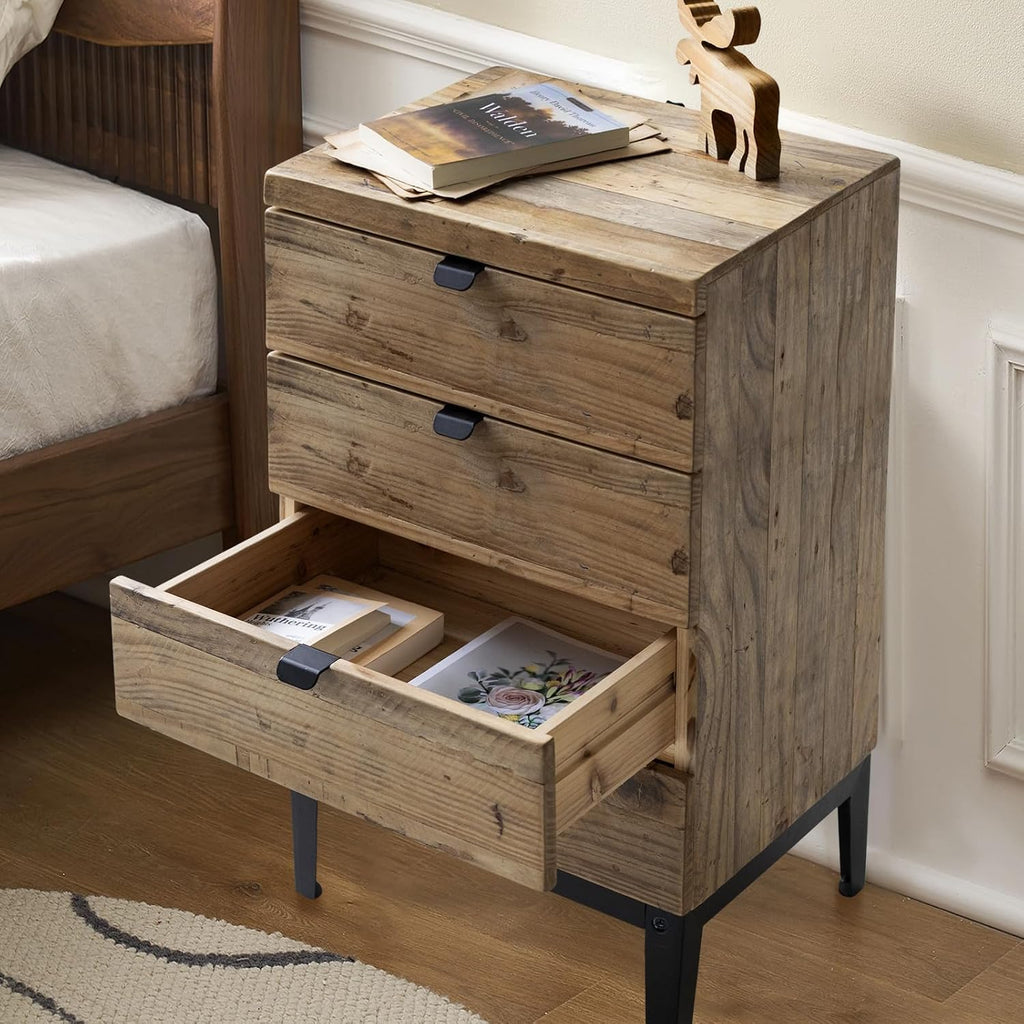 Wnutrees Farmhouse Nightstand Wood Bedside Table with 4-Drawers Bedside End Tables Storage for Living Room, Hallway, Handmade Distressed, Natural, Set of 2