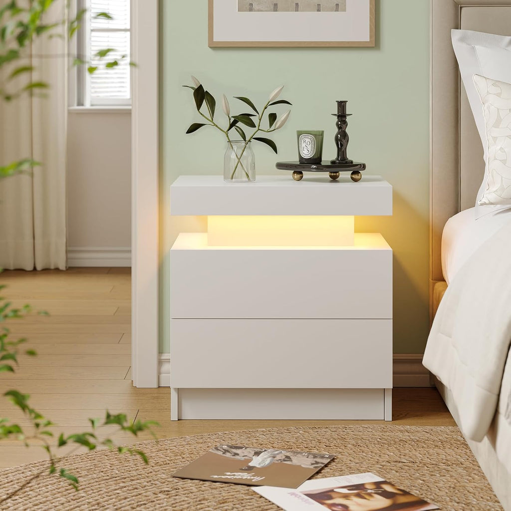 Cubehom Nightstands Set of 2, Bedside Tables with LED Lights, Night Stands with 2 Wood Drawers, End Tables Set of 2 for Living Room/Bedroom