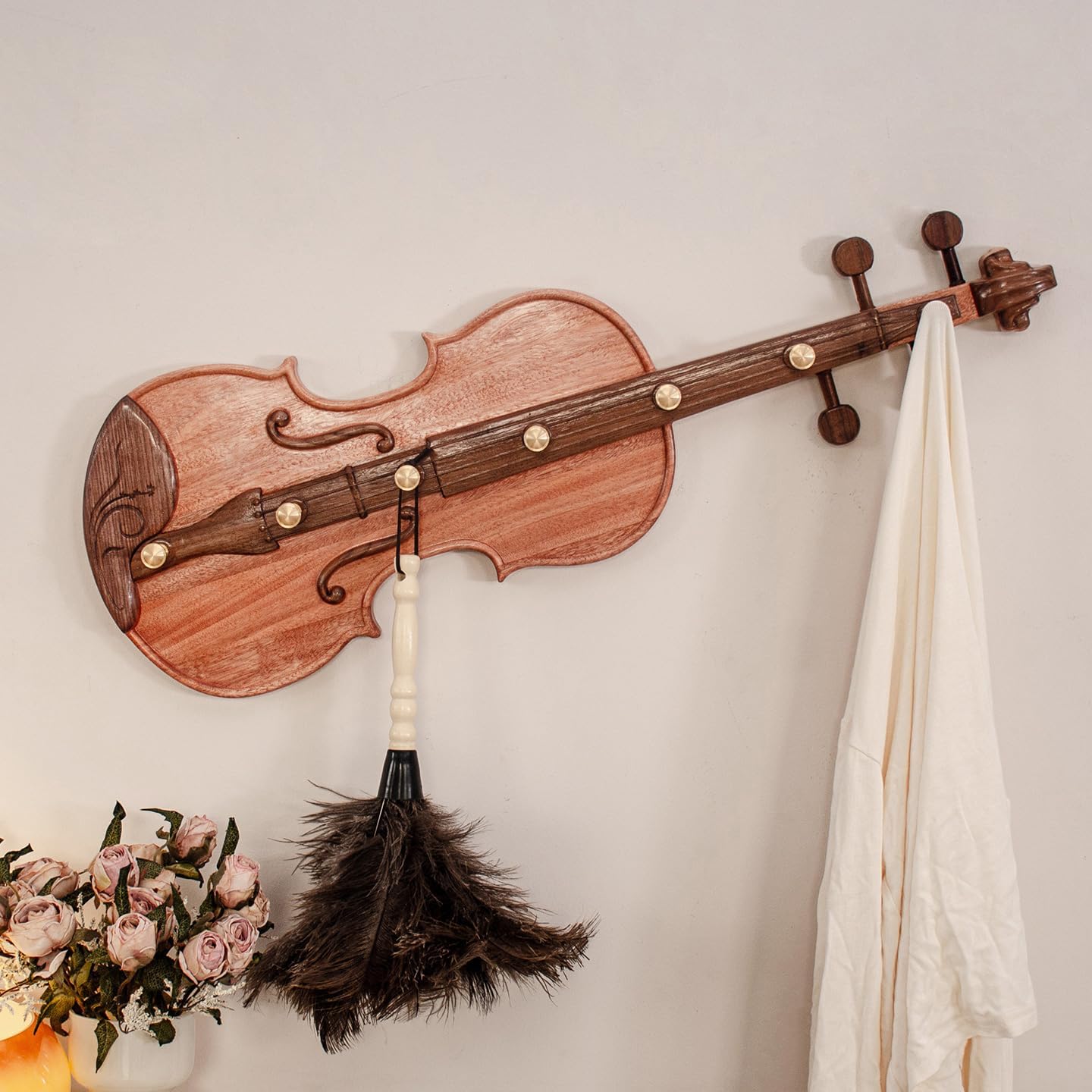 Violin-Shaped Coat Rack Solid Wood Wall-Mounted Clothes Hook can be Installed in The Study and Living Room Decorative Wooden Key, hat Clothes Hook, Entrance Entrance Storage Hook